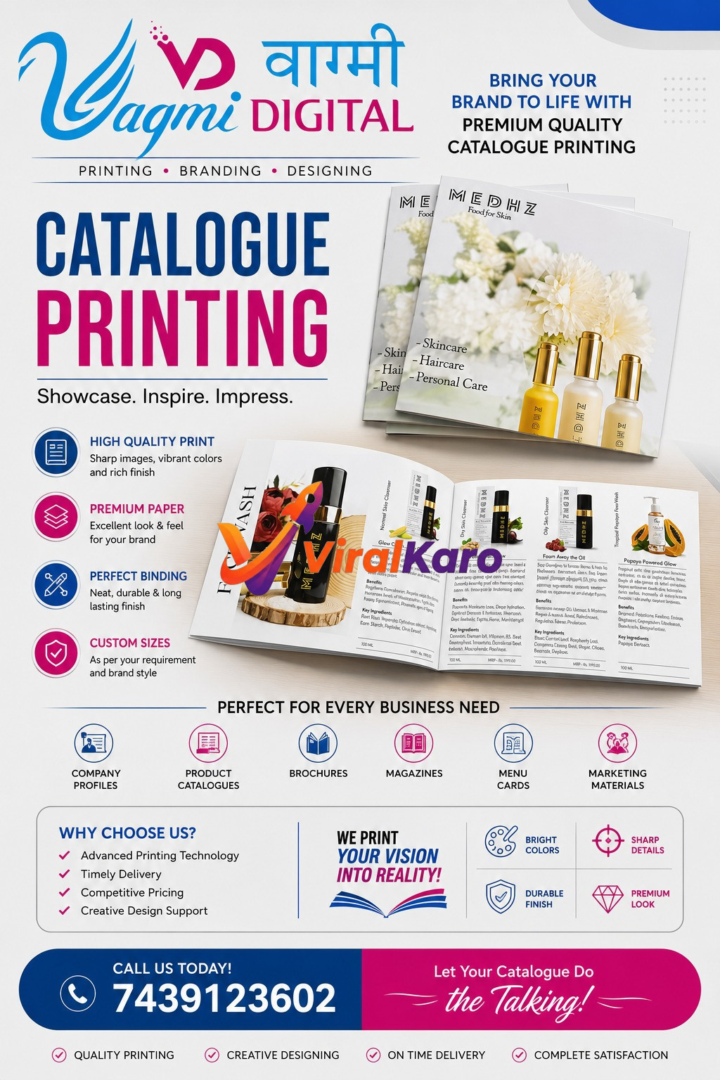 Vagmi Digital advertisement showcasing premium catalogue printing services, including brochures, magazines, and marketing material with product photography.