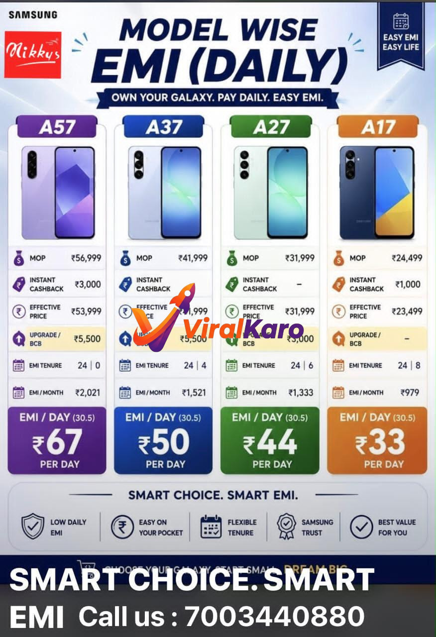 Samsung mobile model wise daily EMI price chart by Mikkys showing A57, A37, A27, and A17 models with installment breakdown.