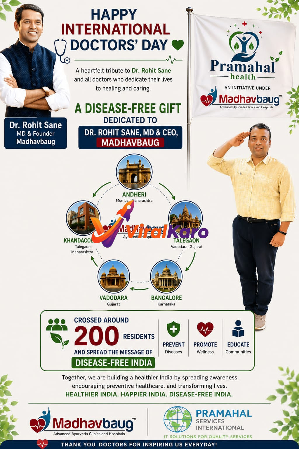 Dr. Rohit Sane of Madhavbaug featured in an International Doctors' Day graphic promoting a disease-free India through Ayurveda and wellness.
