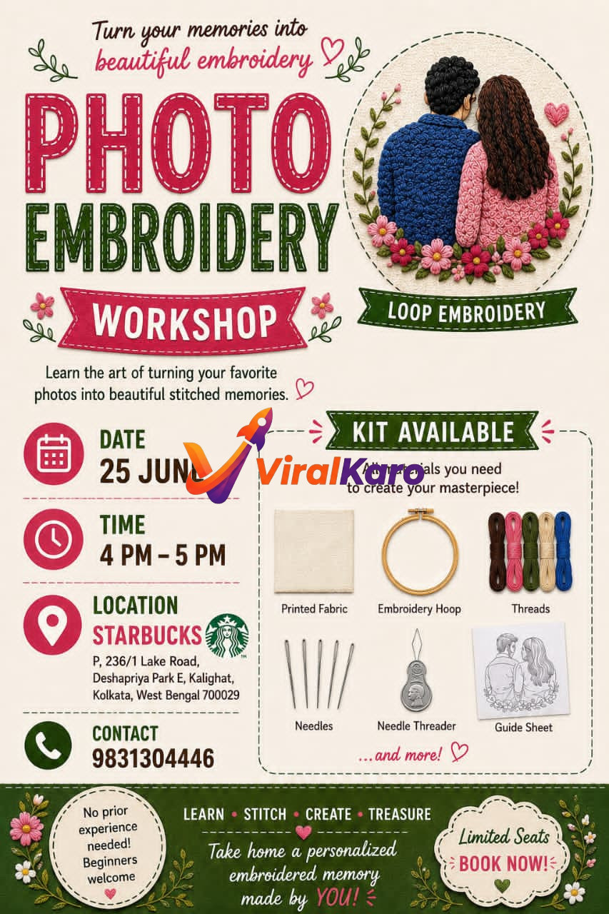 Flyer for a Photo Embroidery Workshop held at Starbucks in Kolkata, showing embroidery kit materials and date/time details.