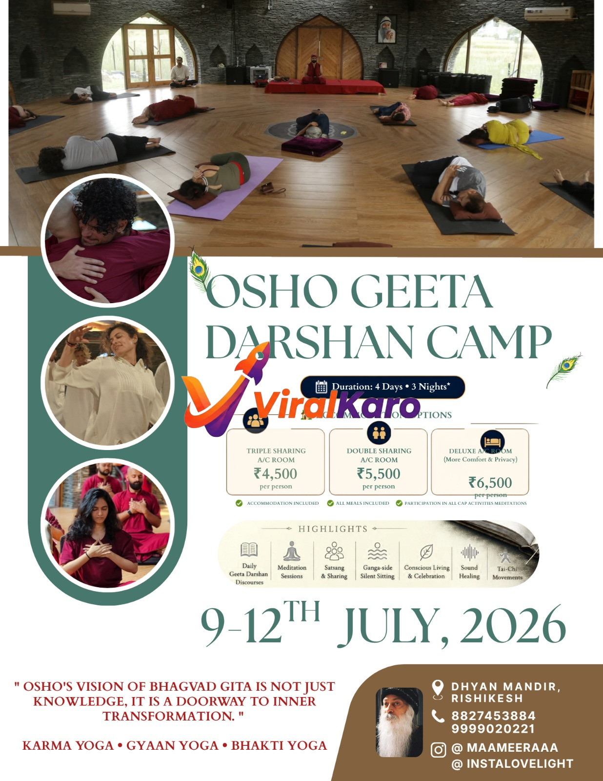 People lying on yoga mats in a spacious, circular wooden-floored meditation hall with arched windows and a serene atmosphere, promoting the Osho Geeta Darshan Camp.