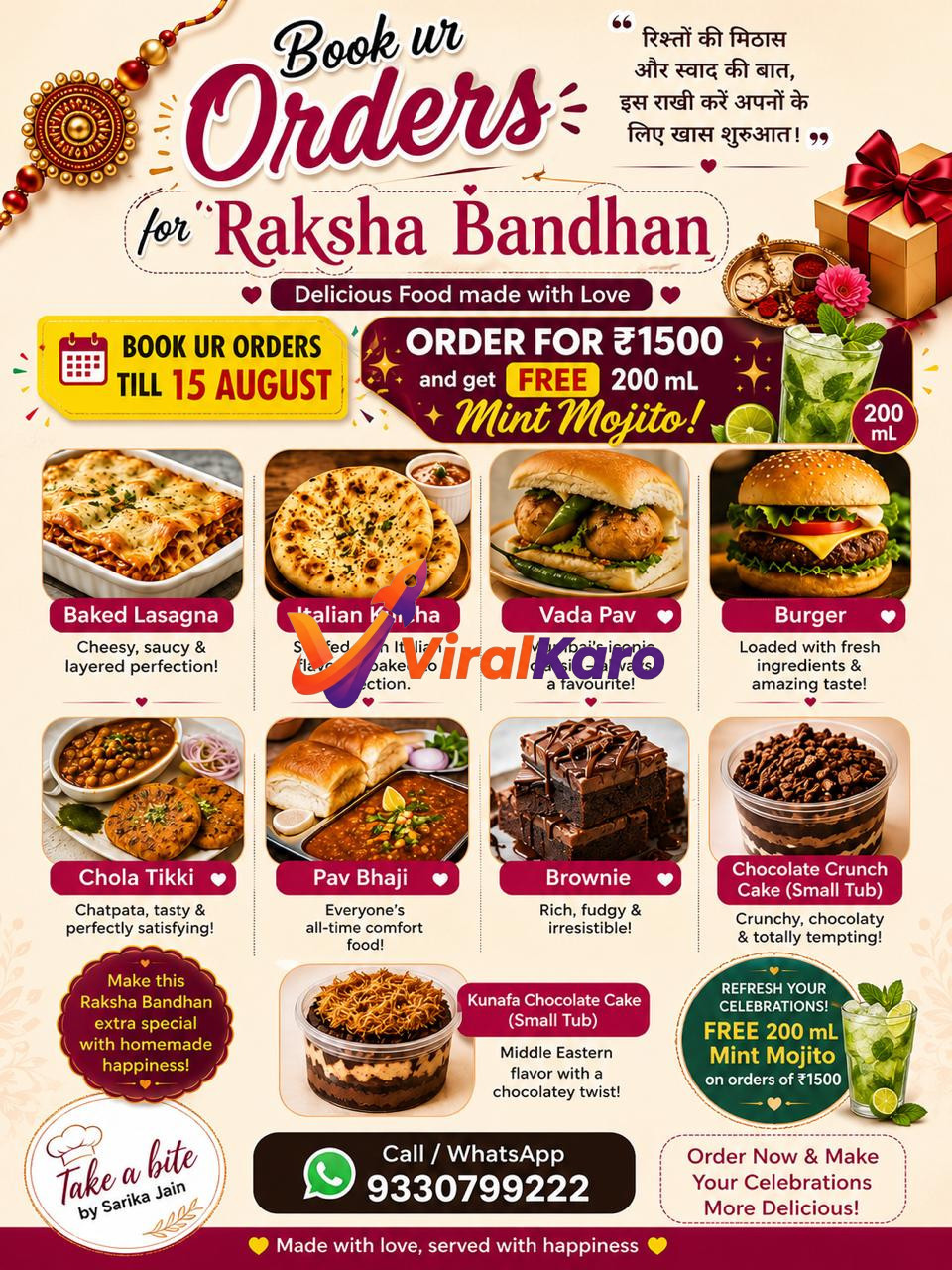 A festive food menu flyer by Take a bite by Sarika Jain for Raksha Bandhan featuring images of lasagna, vada pav, brownies, and chocolate cakes with order details.