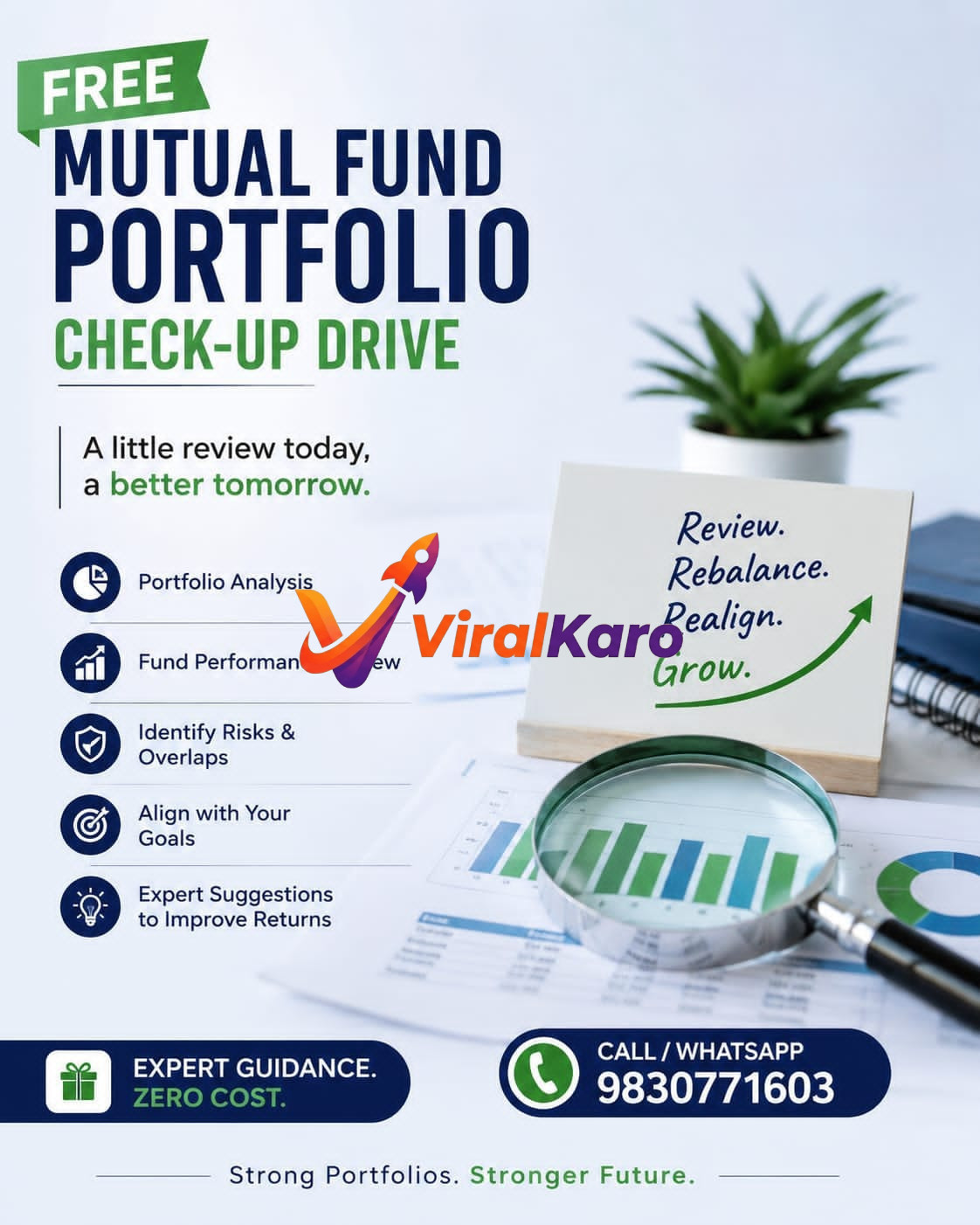 A magnifying glass placed on financial documents with a card saying Review, Rebalance, Realign, Grow, promoting a free mutual fund portfolio check-up.