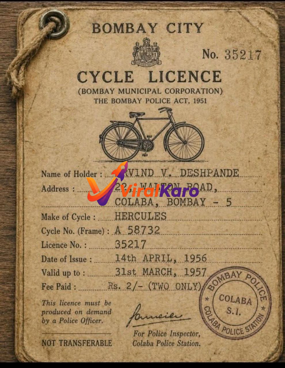 Close-up of a vintage brown paper Bombay City Cycle Licence from 1956, issued to Arvind V. Deshpande for a Hercules bicycle, showing details like address, issue date, validity, and a paid fee of Rs. 2. A drawing of a classic bicycle is centered, with a Bombay Police Colaba station stamp visible.