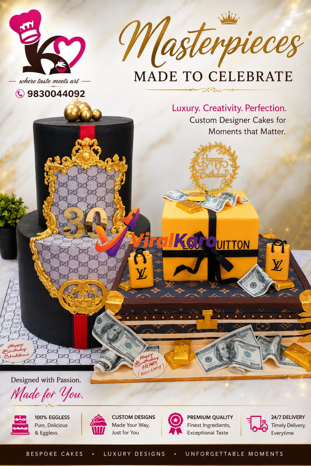 A luxury 30th birthday theme cake featuring Gucci and Louis Vuitton designs, gold accents, edible currency notes, and gift boxes.