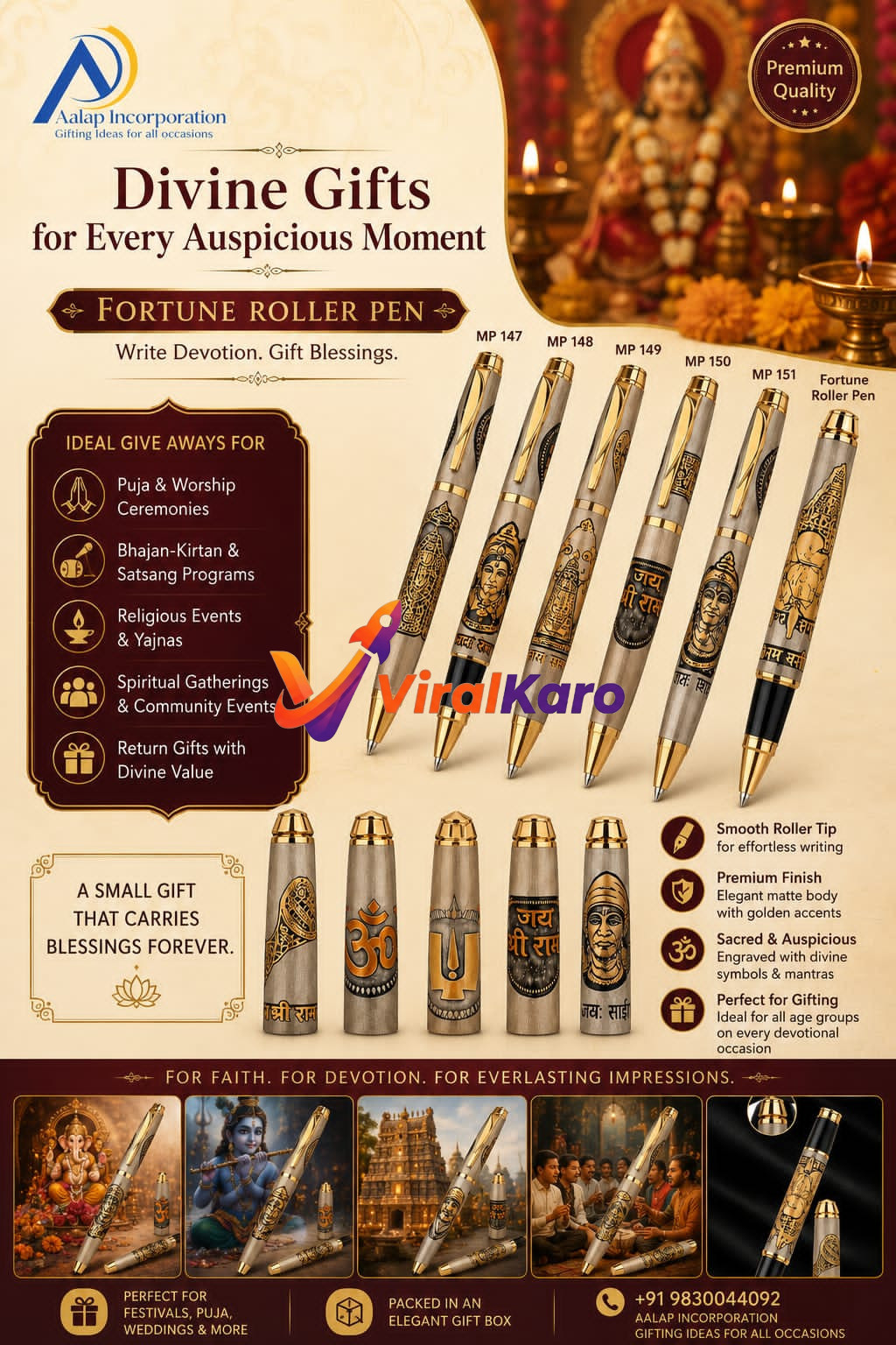 A collection of premium Fortune Roller Pens with gold accents, engraved with religious symbols like Om, Trishul, and portraits of deities, presented by Aalap Incorporation for spiritual and devotional gifting.