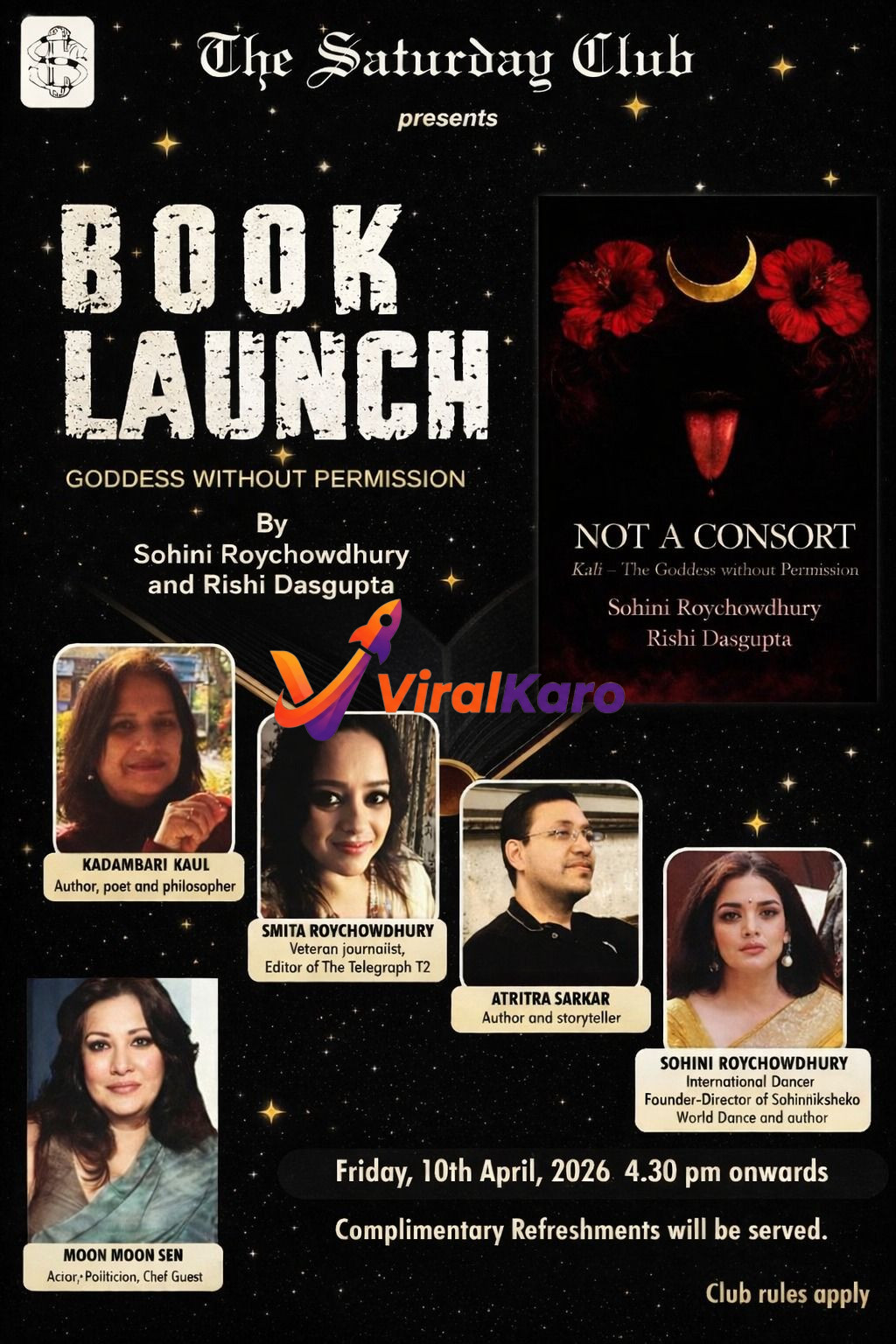 Book launch event poster for 'Goddess Without Permission' by Sohini Roychowdhury and Rishi Dasgupta, featuring guest authors and event details.