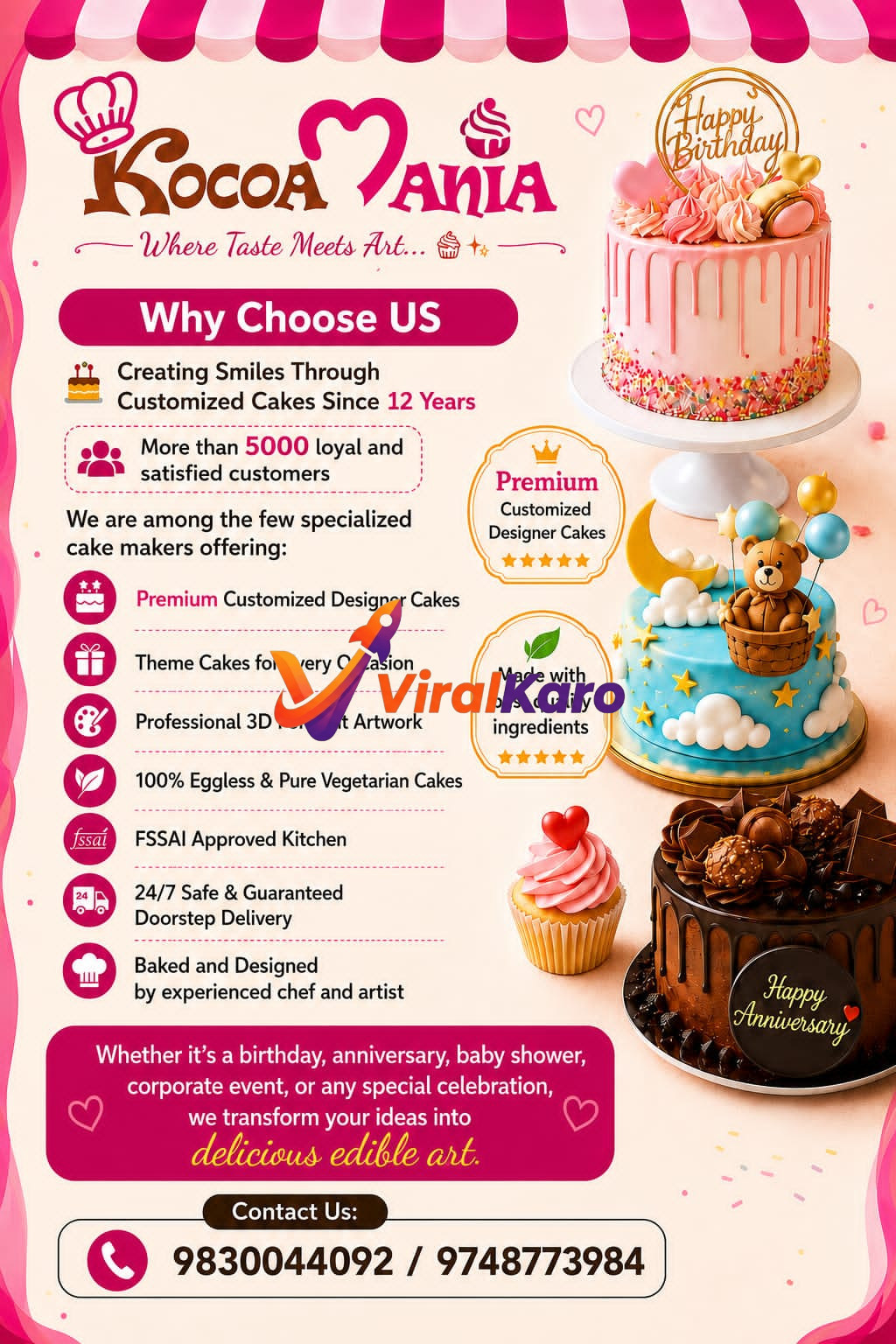 Kocoa Mania marketing flyer featuring various beautifully decorated designer cakes including a birthday cake, a teddy bear theme cake, and a chocolate anniversary cake.