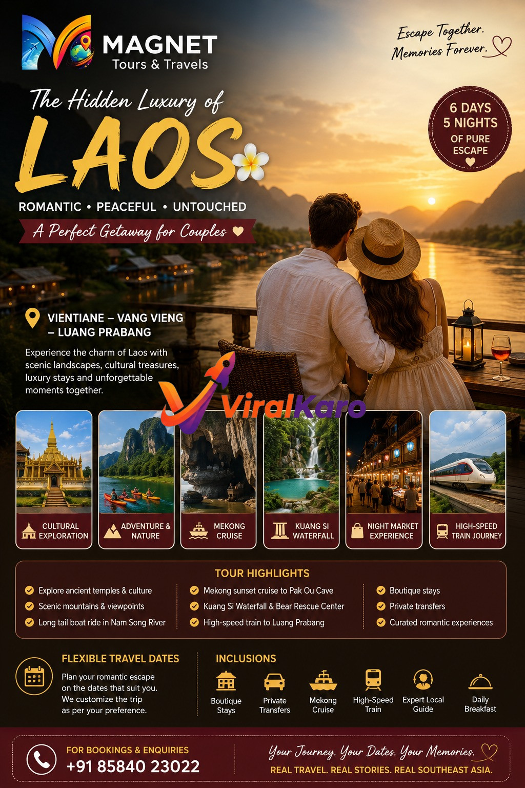 A romantic couple sitting on a balcony overlooking a serene river at sunset in Laos, with traditional stilt houses lining the banks and lush mountains in the background. The image promotes a "Hidden Luxury of Laos" travel package for couples, detailing inclusions like cultural exploration, Mekong cruise, and waterfall visits.