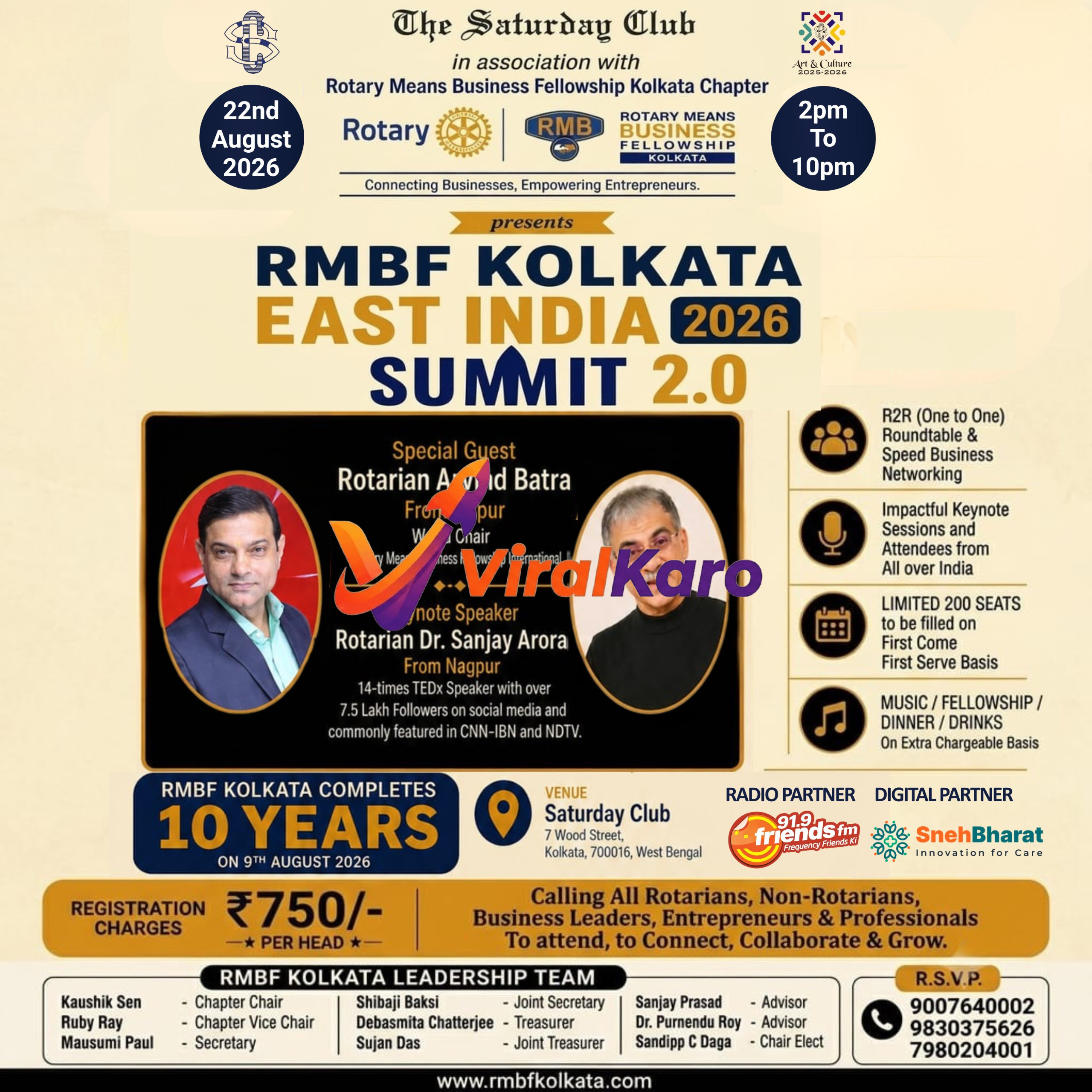 Event poster for RMBF Kolkata East India Summit 2.0 featuring speakers, date, and venue details at The Saturday Club, Kolkata.