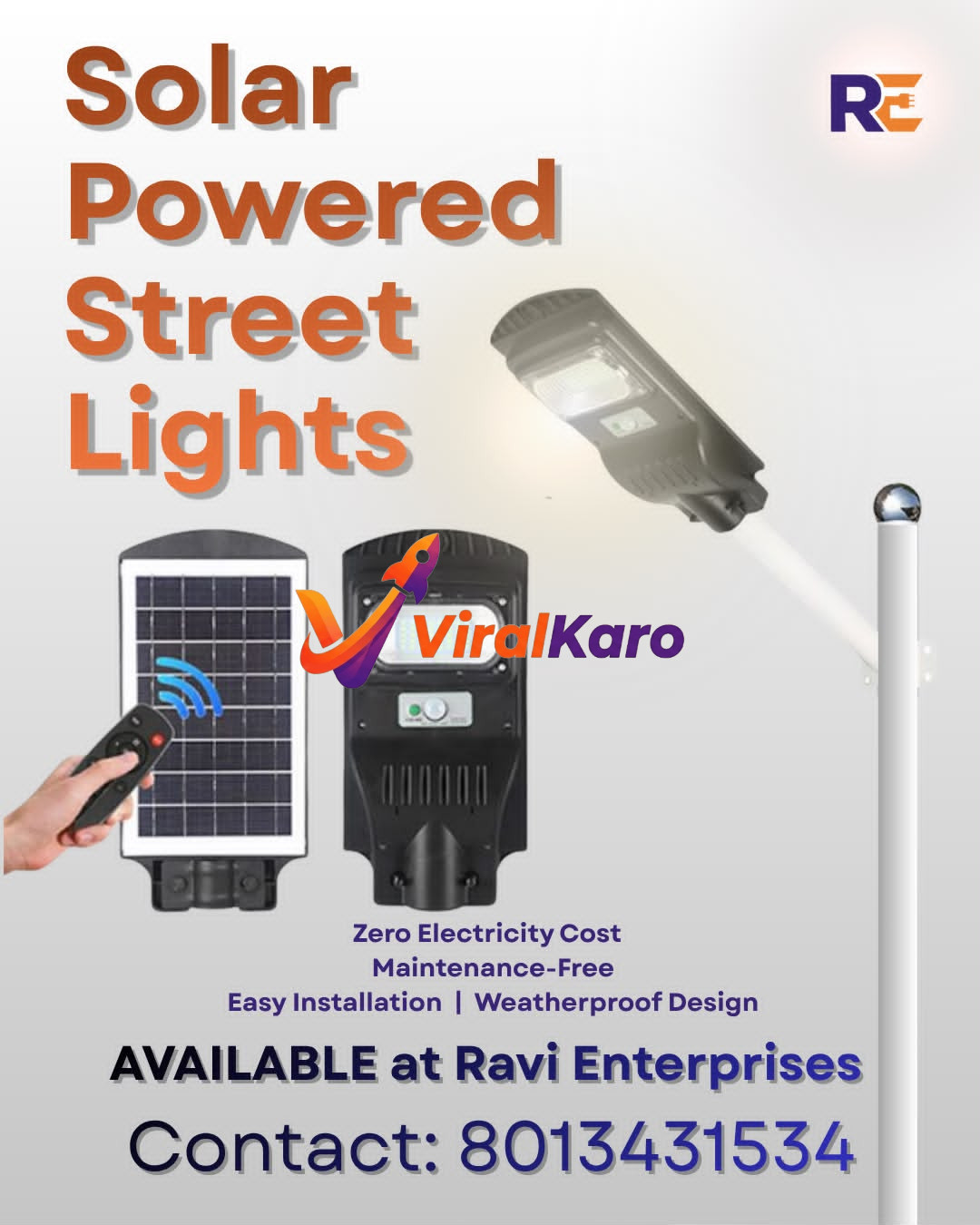 A promotional advertisement for Ravi Enterprises showcasing solar-powered street lights with solar panels and remote control.
