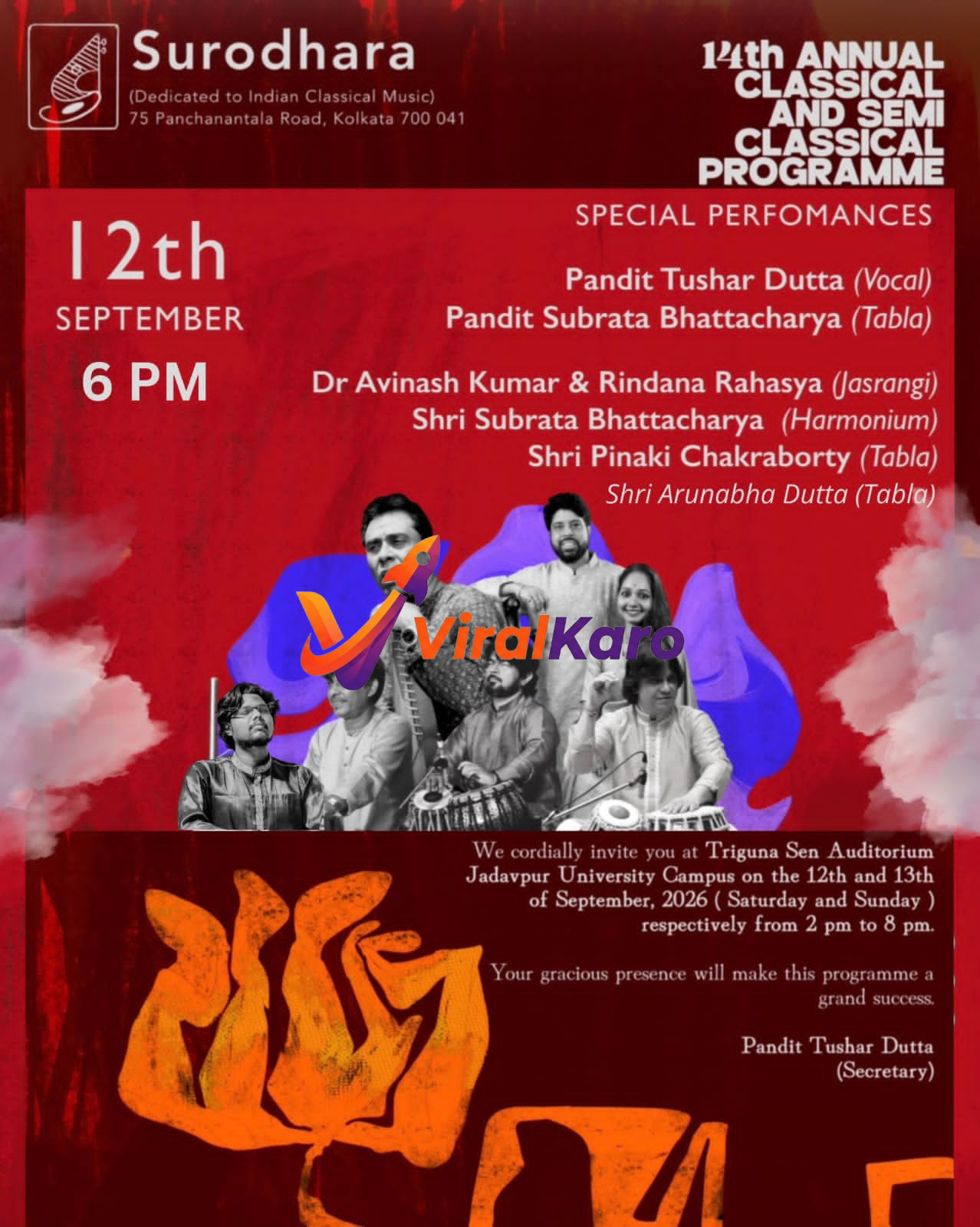 Event poster for Surodhara's 14th Annual Classical and Semi-Classical music programme featuring guest artists and venue details in Kolkata.