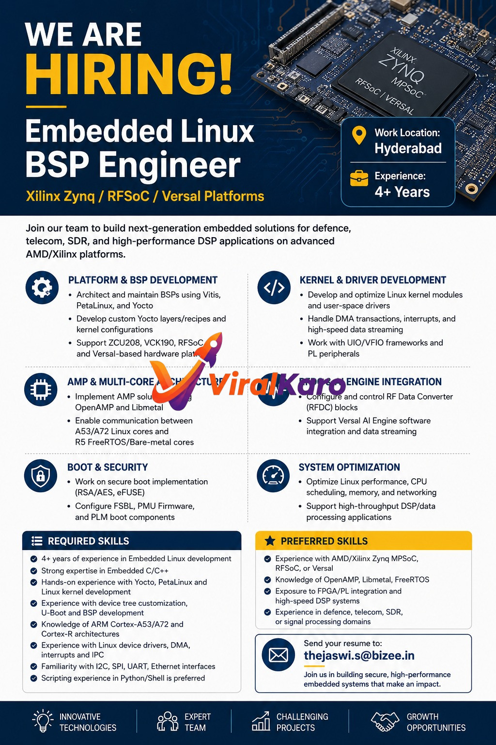 A job recruitment poster for an Embedded Linux BSP Engineer in Hyderabad with 4+ years of experience. The role focuses on Xilinx Zynq, RFSoC, and Versal platforms, detailing required skills in platform & BSP development, kernel & driver development, AMP & multi-core architecture, RFDC & AI engine integration, boot & security, and system optimization. Preferred skills and an email address (thejaswi.s@bizee.in) for resume submission are also clearly visible.