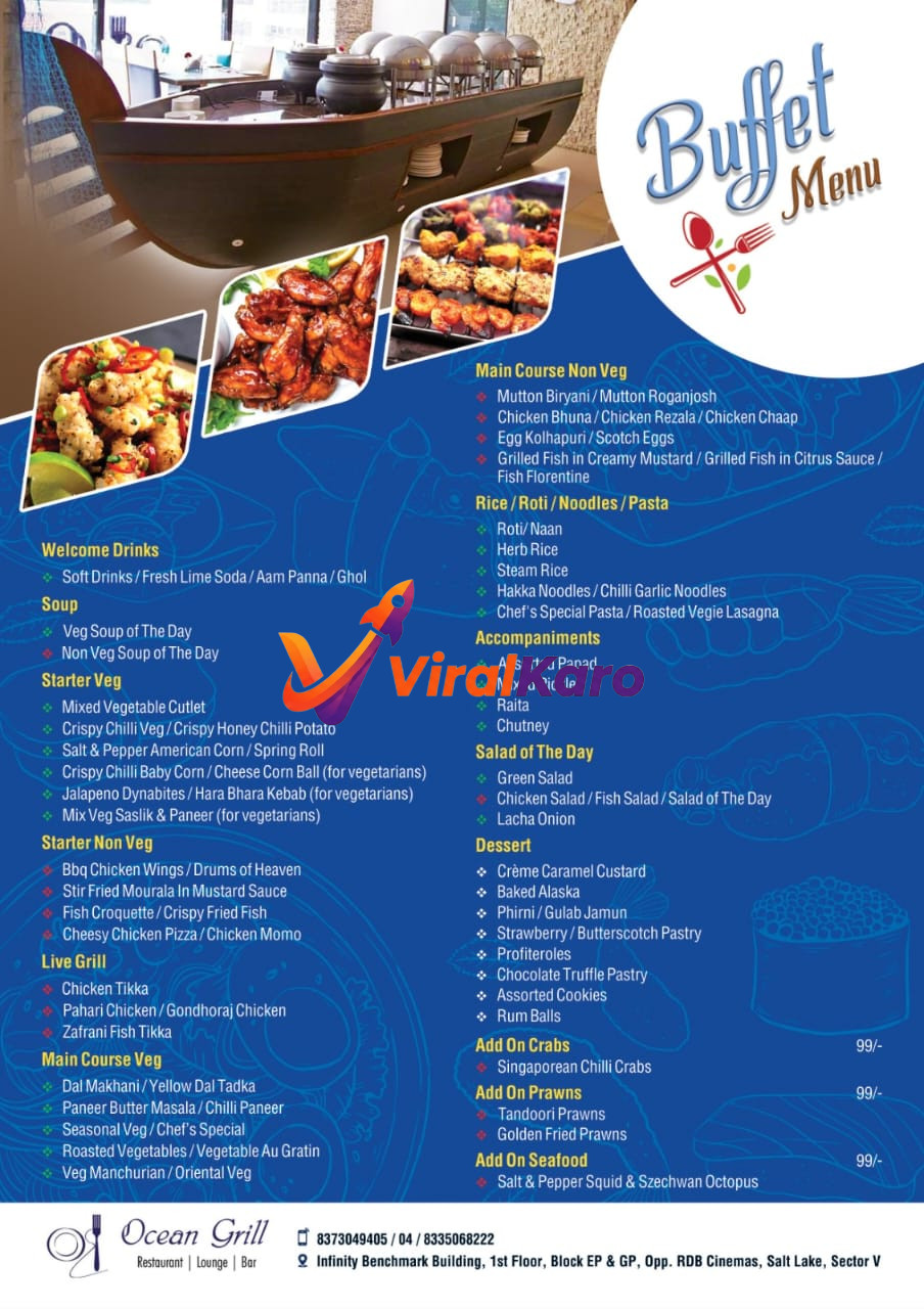Detailed image of the Ocean Grill restaurant buffet menu, showcasing various Indian and multi-cuisine dishes. The visual includes images of fried appetizers, grilled chicken, and a large serving station shaped like a ship with multiple chafing dishes. The menu lists extensive vegetarian and non-vegetarian options for welcome drinks, soups, starters, live grill, main courses, accompaniments, salads, desserts, and add-on seafood, with contact details and address in Salt Lake, Sector V, Kolkata.
