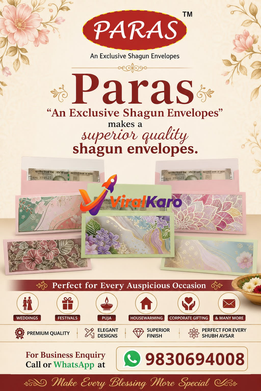 A variety of colorful, elegantly designed Paras brand Shagun envelopes displayed on a table with floral accents, suitable for weddings and festivals.