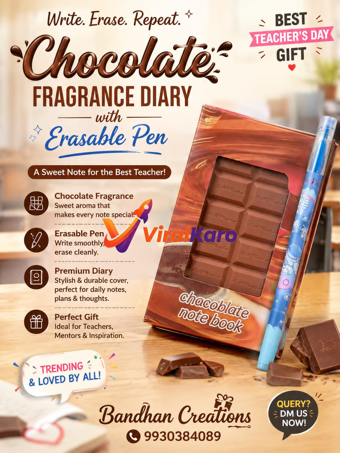A premium chocolate-scented diary with an erasable pen displayed on a wooden table, marketed as a Teacher's Day gift by Bandhan Creations.
