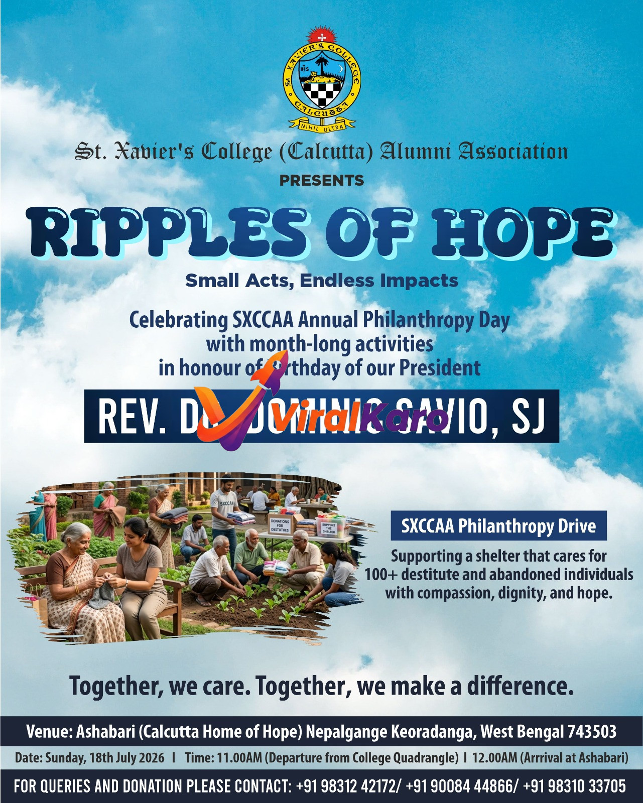 Event poster for St. Xavier's College Alumni Association's Ripples of Hope philanthropy drive, featuring images of volunteers gardening and supporting elderly individuals at a shelter.