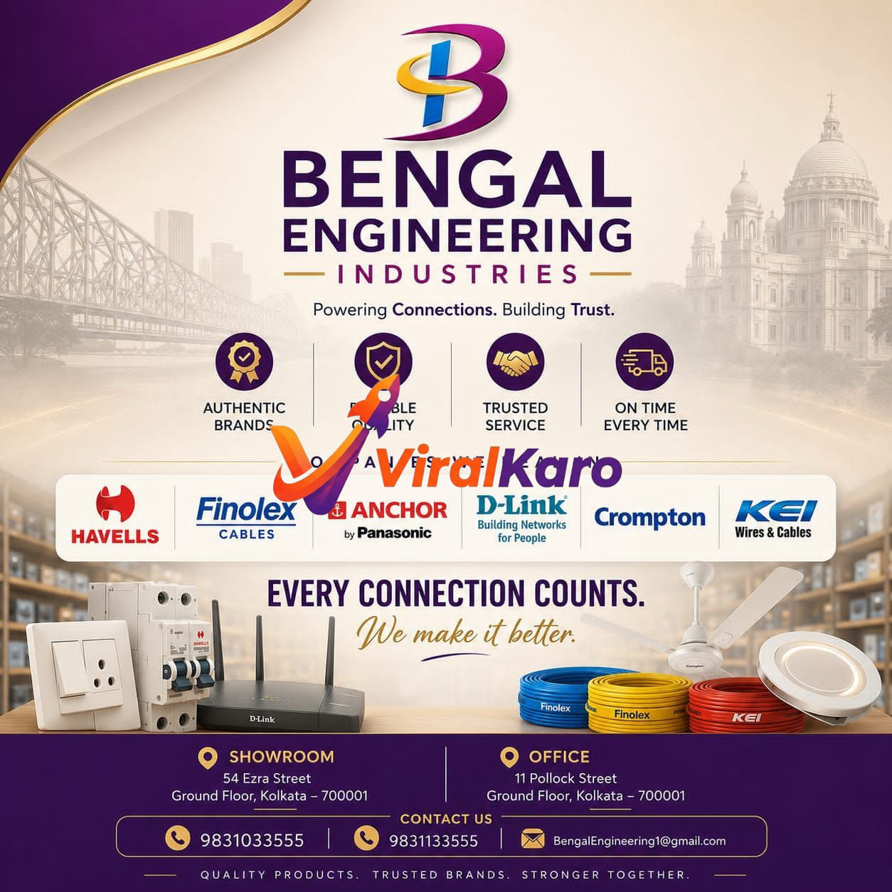 Advertisement for Bengal Engineering Industries, a Kolkata-based electrical products supplier. The image features their logo, key services (authentic brands, reliable quality, trusted service, on-time delivery), and partner brands like Havells, Finolex, Anchor, D-Link, Crompton, and KEI Wires & Cables. Various electrical components such as switches, MCBs, a D-Link router, colorful electrical wires, and a ceiling fan are displayed. The background shows iconic Kolkata landmarks, and contact information including addresses and phone numbers is clearly visible.