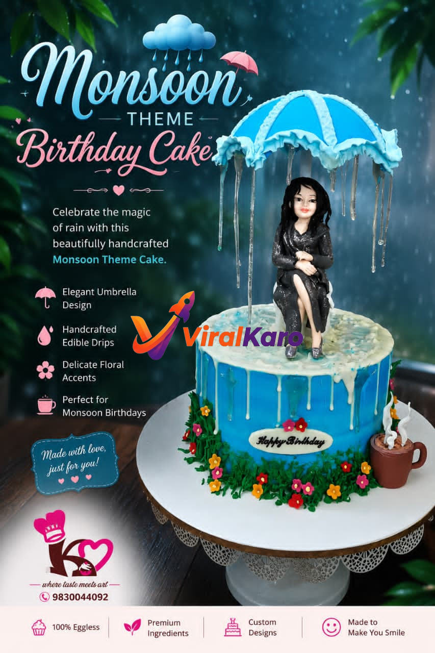 A blue Monsoon themed birthday cake featuring a figurine under an umbrella with edible raindrops and floral accents, on a white cake stand.