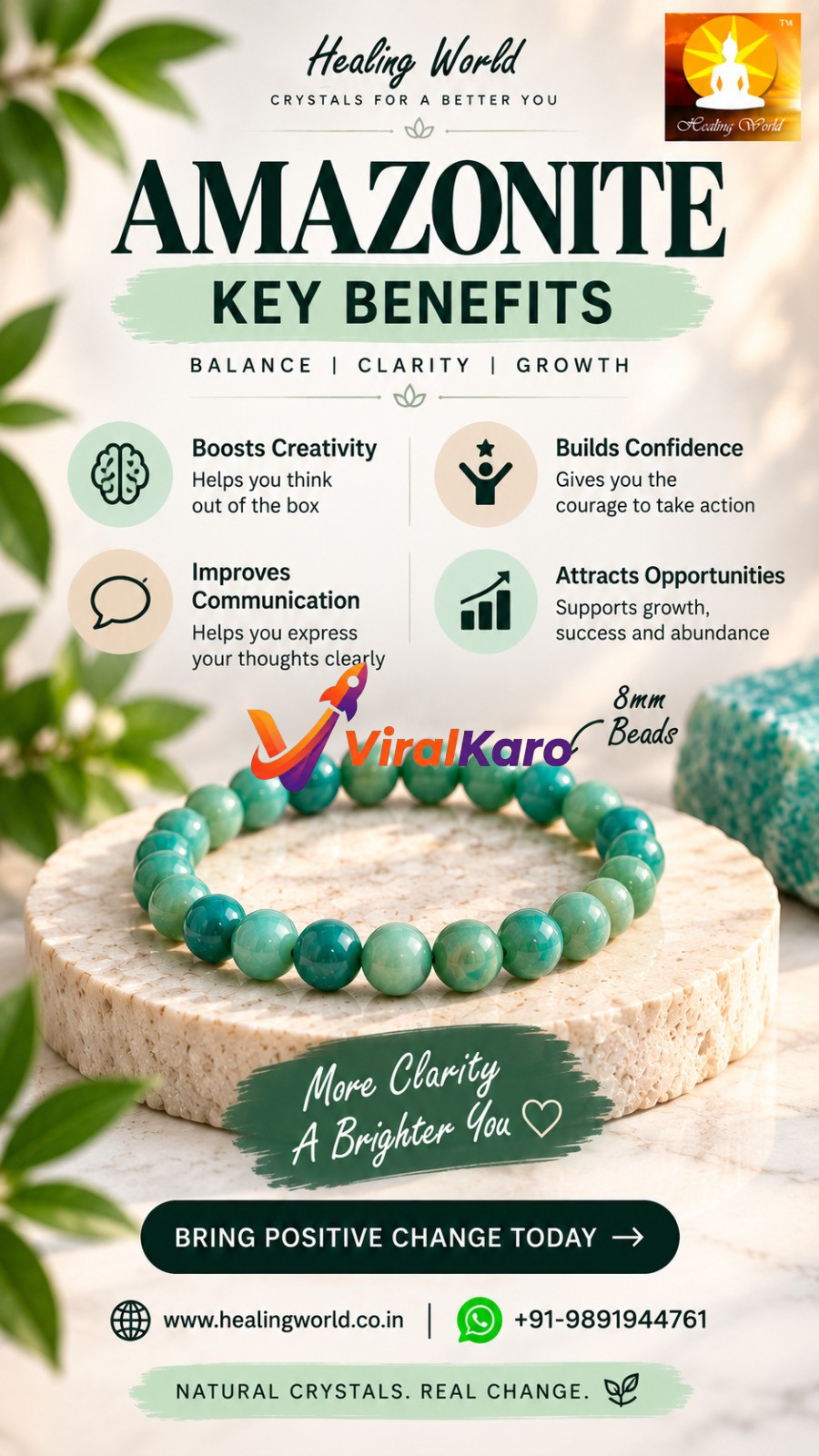 A beautiful 8mm Amazonite beaded bracelet resting on a stone display, surrounded by lush green leaves and informational text about the benefits of Amazonite crystal.
