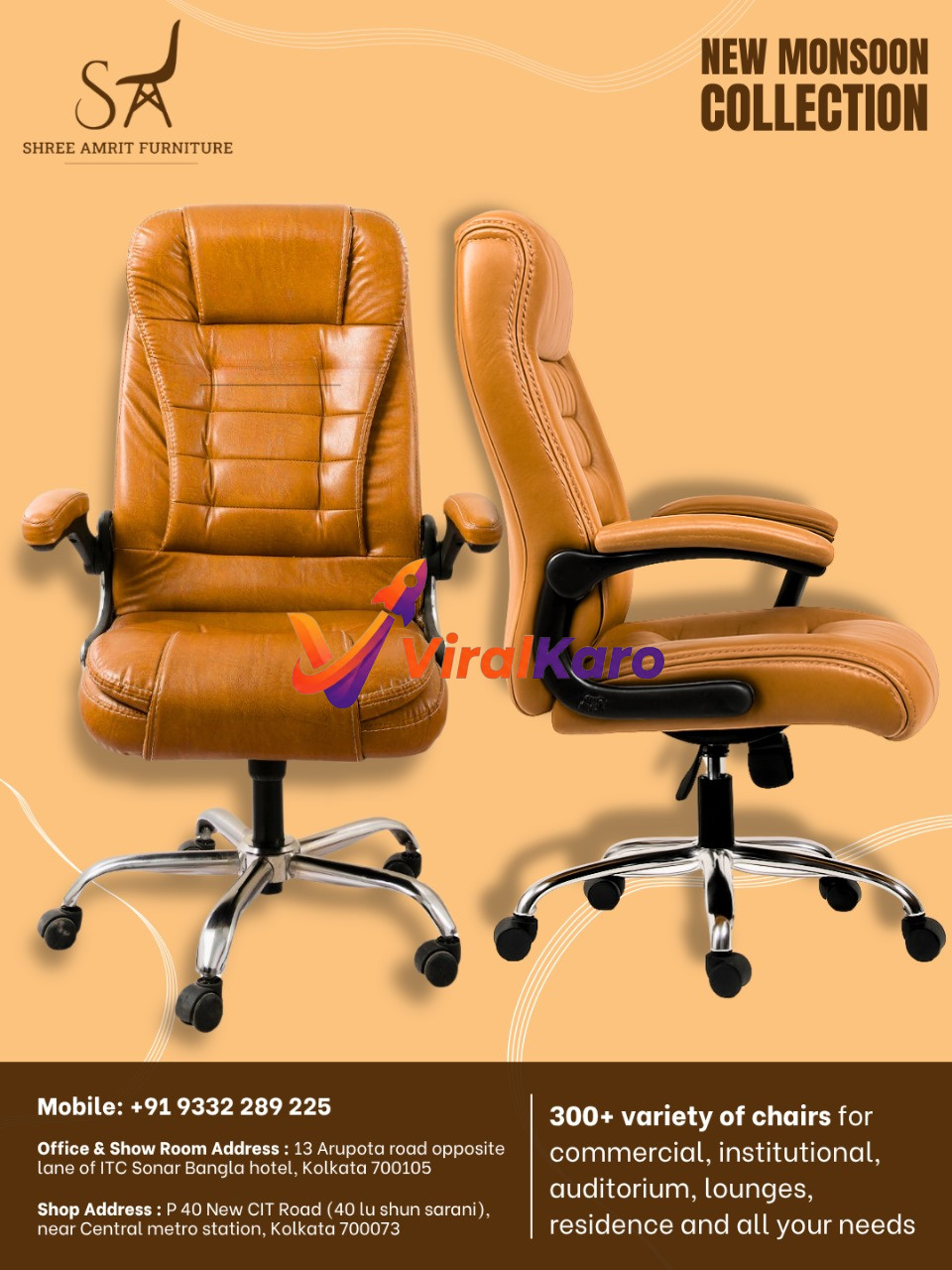 An advertisement for Shree Amrit Furniture's New Monsoon Collection, showcasing two elegant tan-brown leather executive chairs with chrome bases. The chairs feature comfortable, tufted backrests and adjustable armrests, set against a warm brown background. The ad highlights the furniture store's extensive variety of chairs for commercial, institutional, and residential use, along with contact details and two showroom addresses in Kolkata.