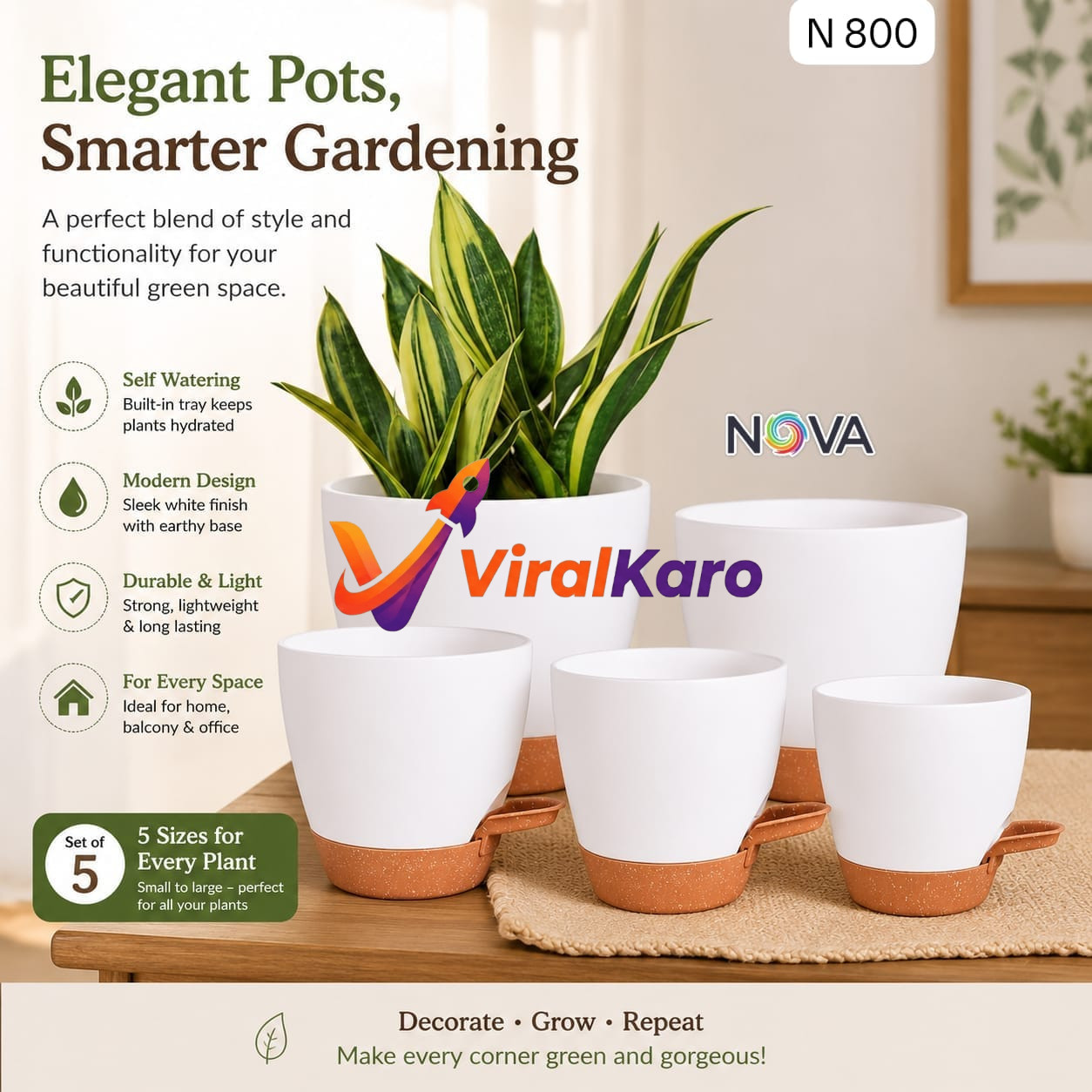 A set of five elegant white self-watering plant pots with brown earthy bases displayed on a wooden table, featuring a lush snake plant.