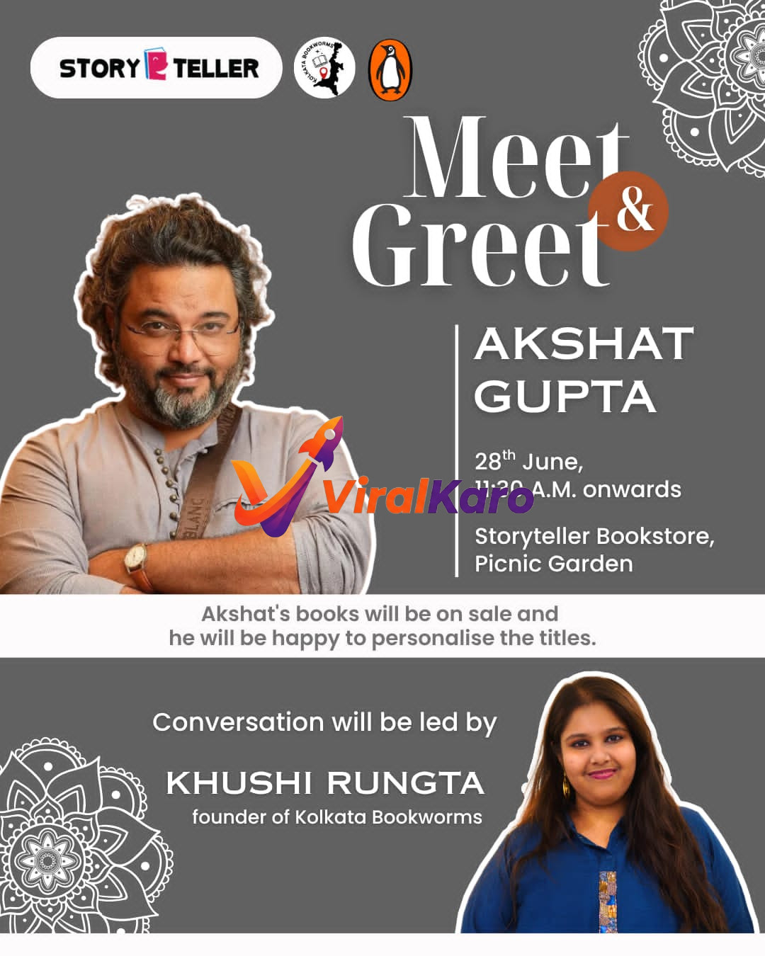 Event flyer for a Meet and Greet with author Akshat Gupta, hosted by Kolkata Bookworms at Storyteller Bookstore, featuring photos of the author and moderator.
