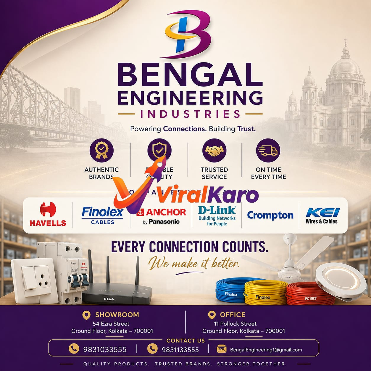 Bengal Engineering Industries store flyer displaying brands like Havells, Finolex, Anchor, D-Link, and KEI with location addresses in Kolkata.