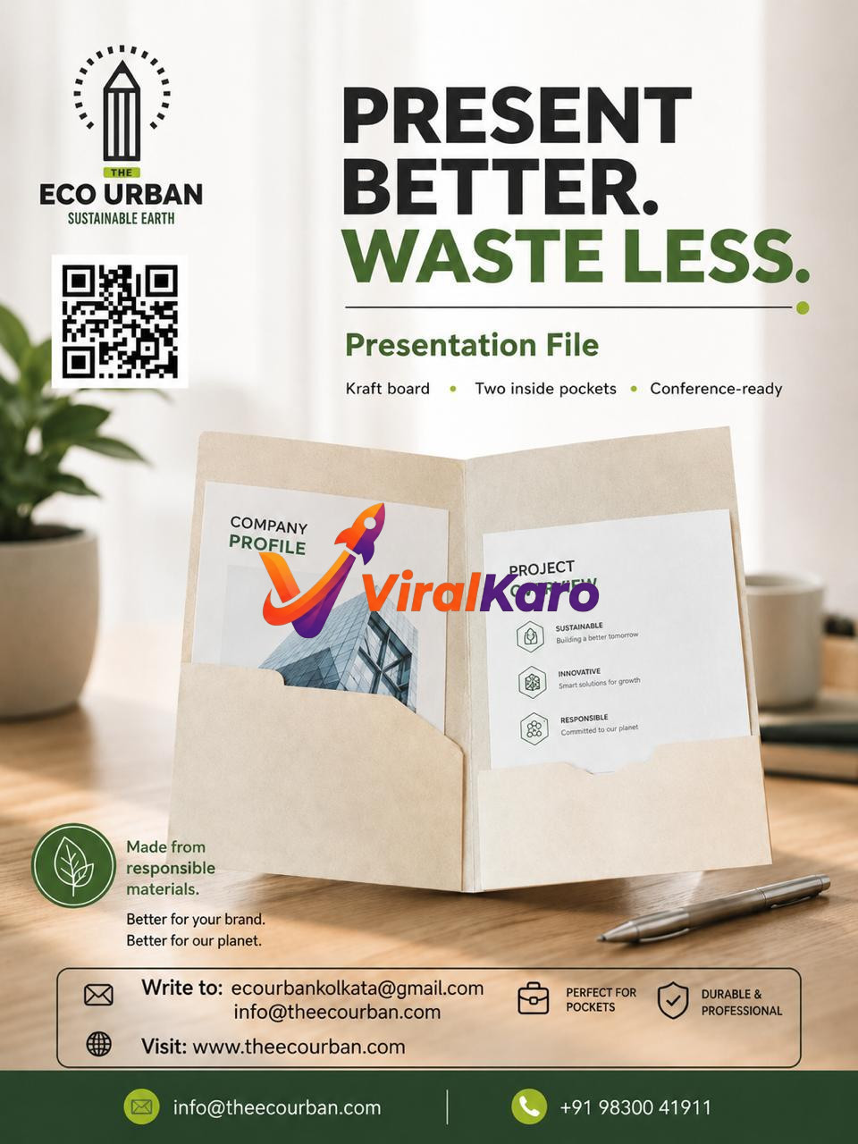 A beige kraft board presentation folder with two pockets, containing a company profile brochure, sitting on a wooden desk with a pen, branded by The Eco Urban.