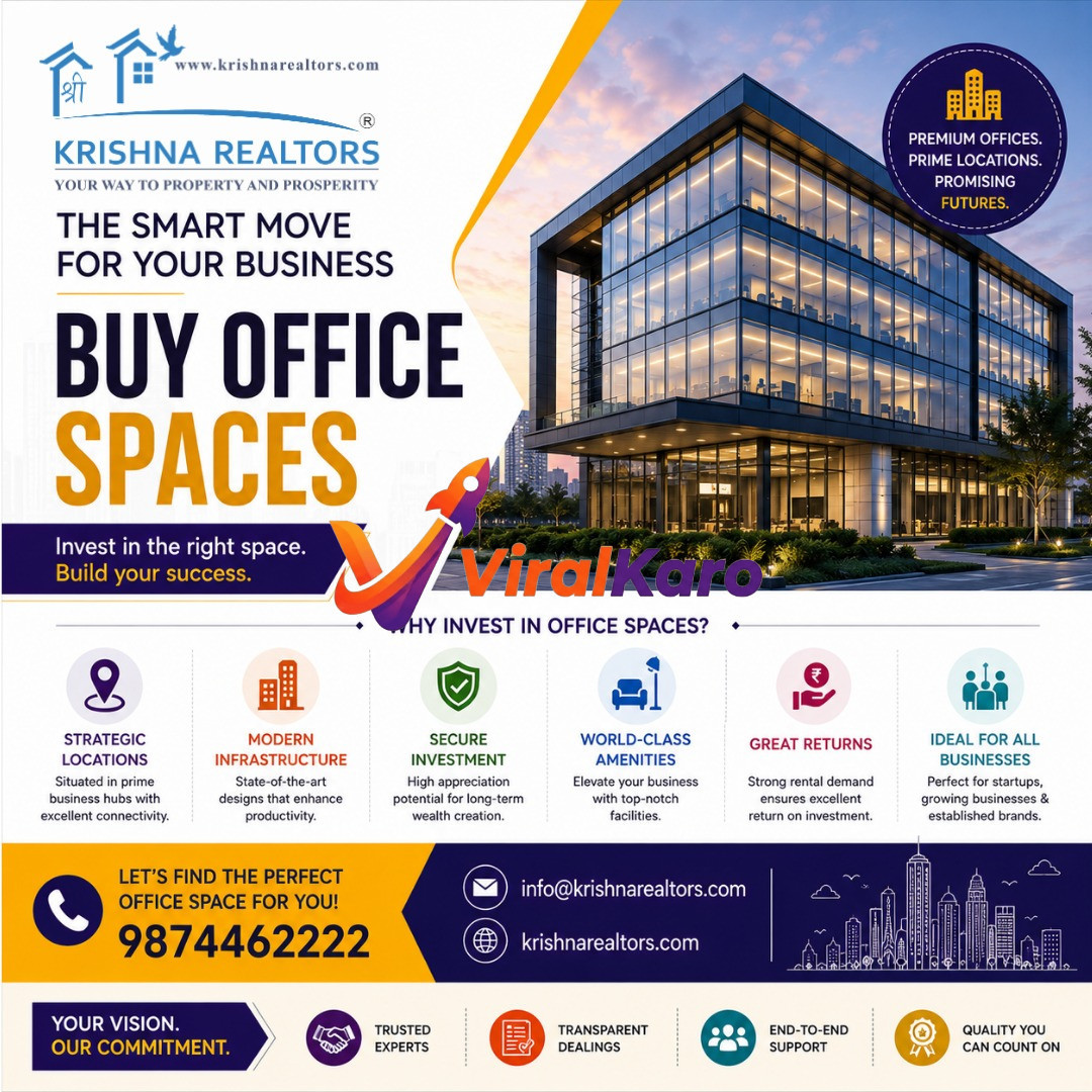A promotional advertisement for Krishna Realtors featuring a modern glass office building exterior and business benefits like strategic locations and world-class amenities.