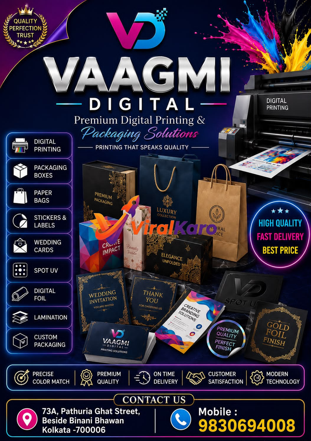 Vaagmi Digital promotional poster showcasing premium packaging boxes, business cards, stickers, and digital printing services with contact details in Kolkata.