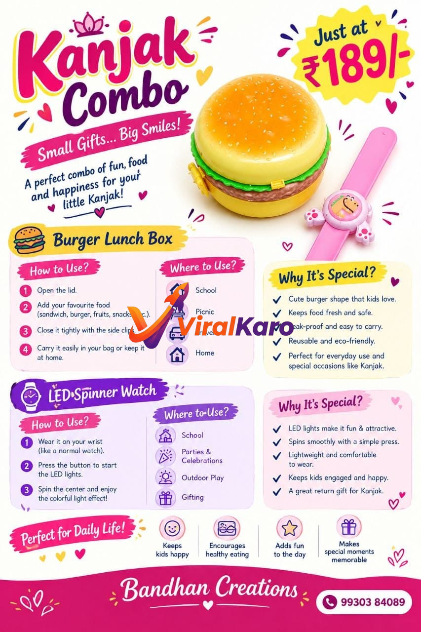An image showcasing the Kanjak Combo, featuring a yellow and green burger-shaped lunch box on the left and a pink LED spinner watch with an animal character on the right. The text highlights "Kanjak Combo" and "Just at ","189/-". Below are sections detailing "Burger Lunch Box" and "LED Spinner Watch" with "How to Use?", "Where to Use?", and "Why It's Special?" for both, promoting features like being leak-proof, eco-friendly, and perfect for gifting. The bottom includes "Bandhan Creations" and a contact number "99303 84089".