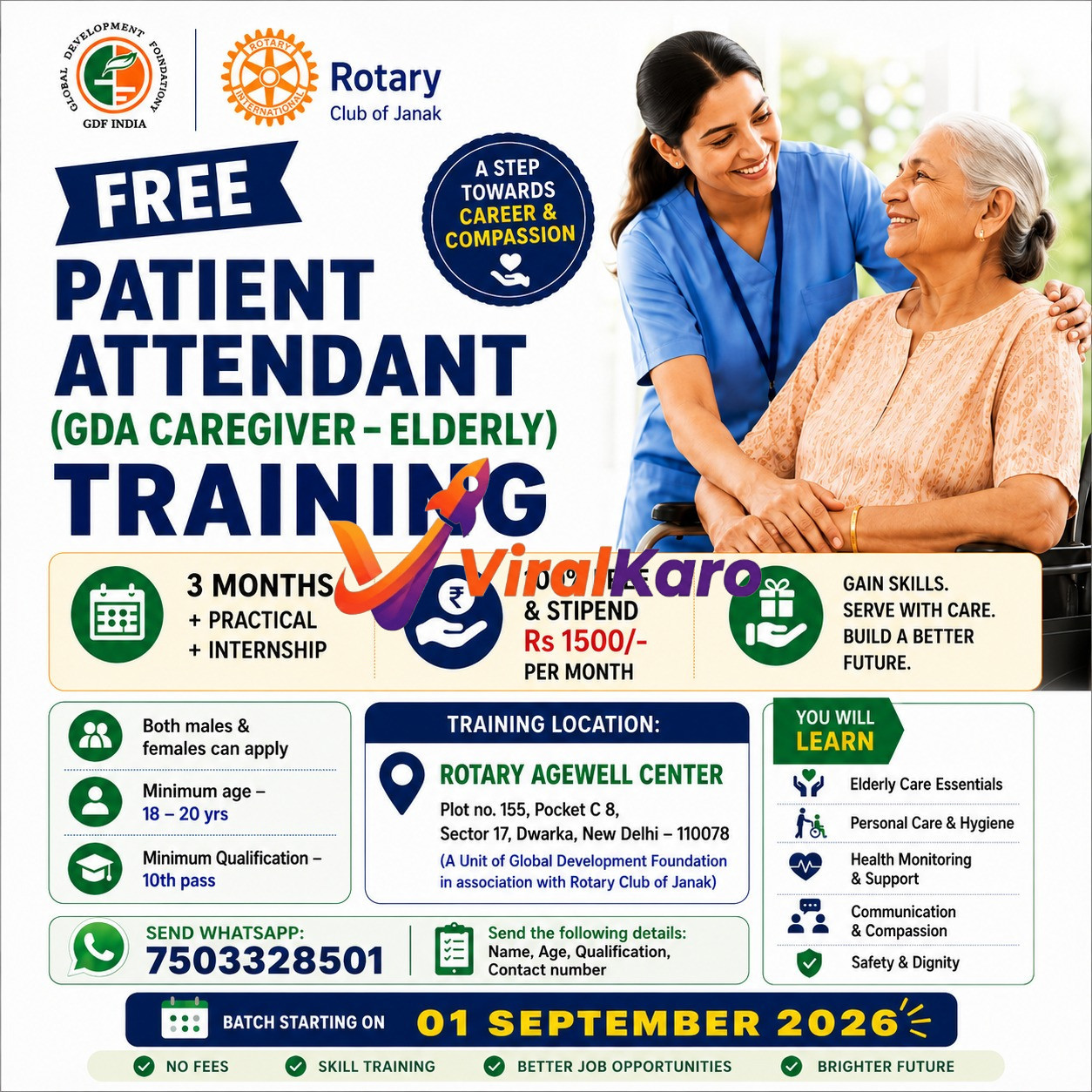 Professional caregiver helping an elderly woman in a wheelchair, with promotional text about free GDA training by Rotary Club of Janak.