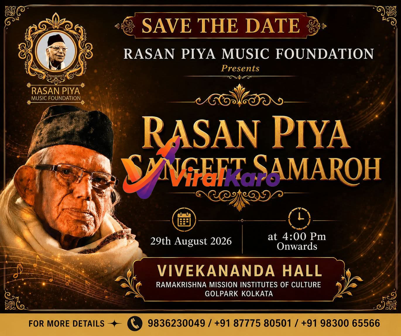 Event poster for Rasan Piya Sangeet Samaroh at Vivekananda Hall, Kolkata, featuring a portrait of an elderly musician and event details on a gold and brown ornate background.