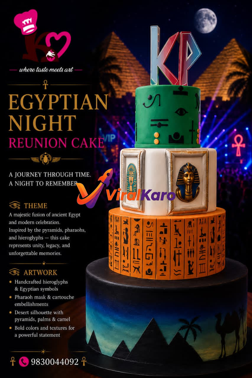 A three-tier custom Egyptian themed cake with hieroglyphics, a pharaoh mask, and a desert silhouette at the base against a night sky background.
