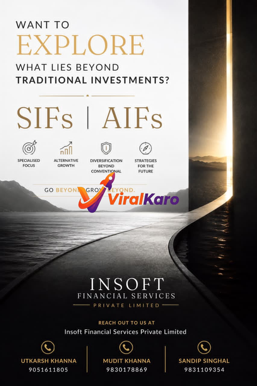 Financial advisory promotional poster by Insoft Financial Services promoting SIF and AIF investment strategies with contact details for financial advisors.