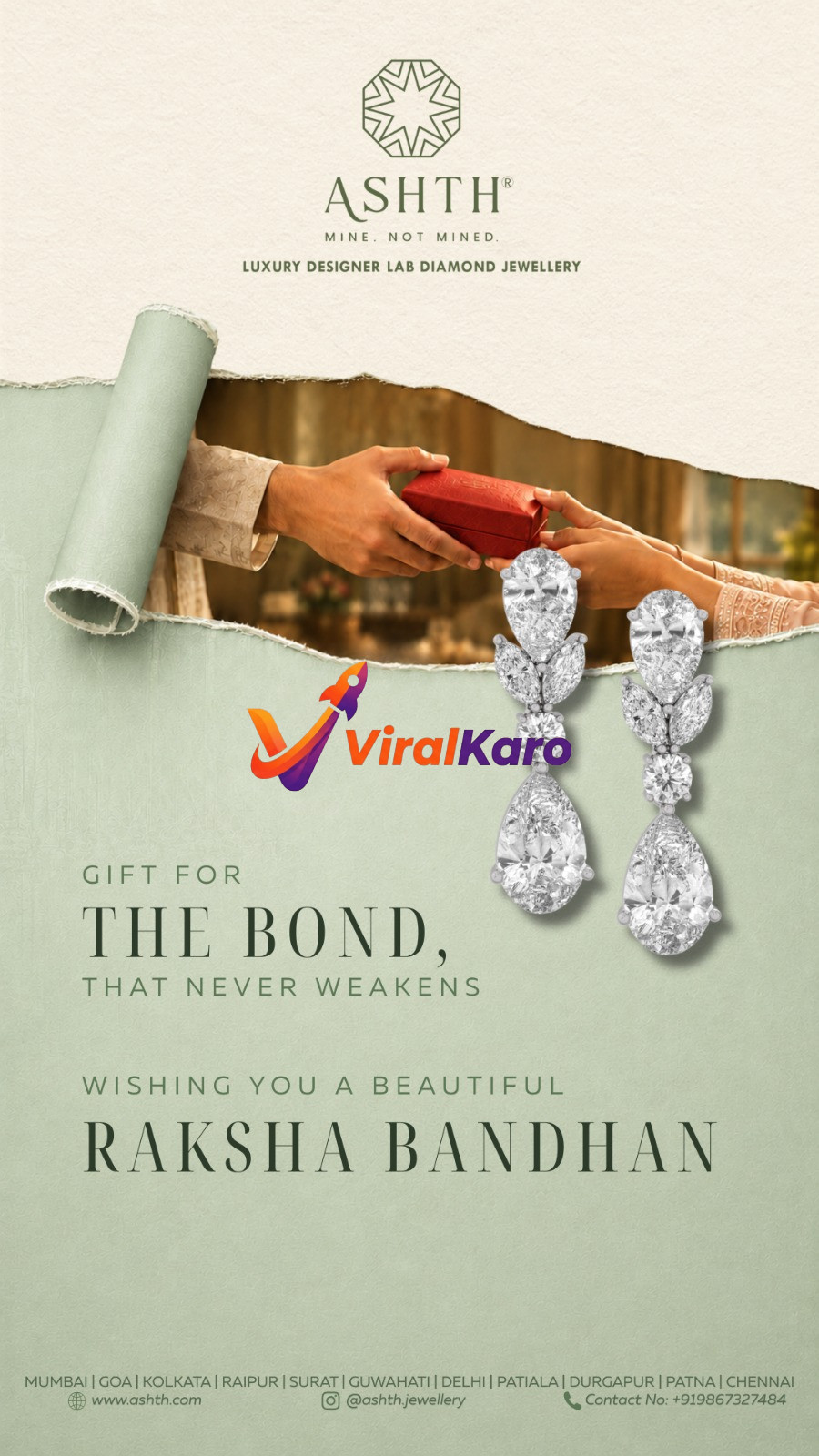 A promotional advertisement for Ashth luxury lab-grown diamond earrings featuring a person gifting a small red box, with the text 'Gift for the bond, that never weakens' and 'Wishing you a beautiful Raksha Bandhan'.