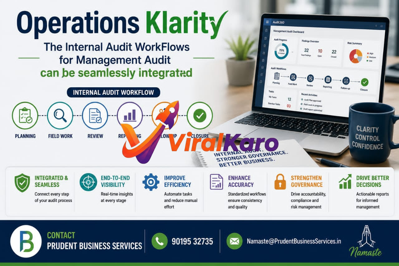 Laptop displaying Audit360 dashboard showing audit progress, findings, and risk summary for internal audit workflows by Prudent Business Services.