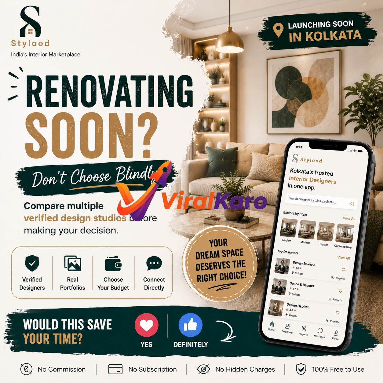 Stylood interior design marketplace app promotion graphic for their upcoming launch in Kolkata, showcasing interior design services.