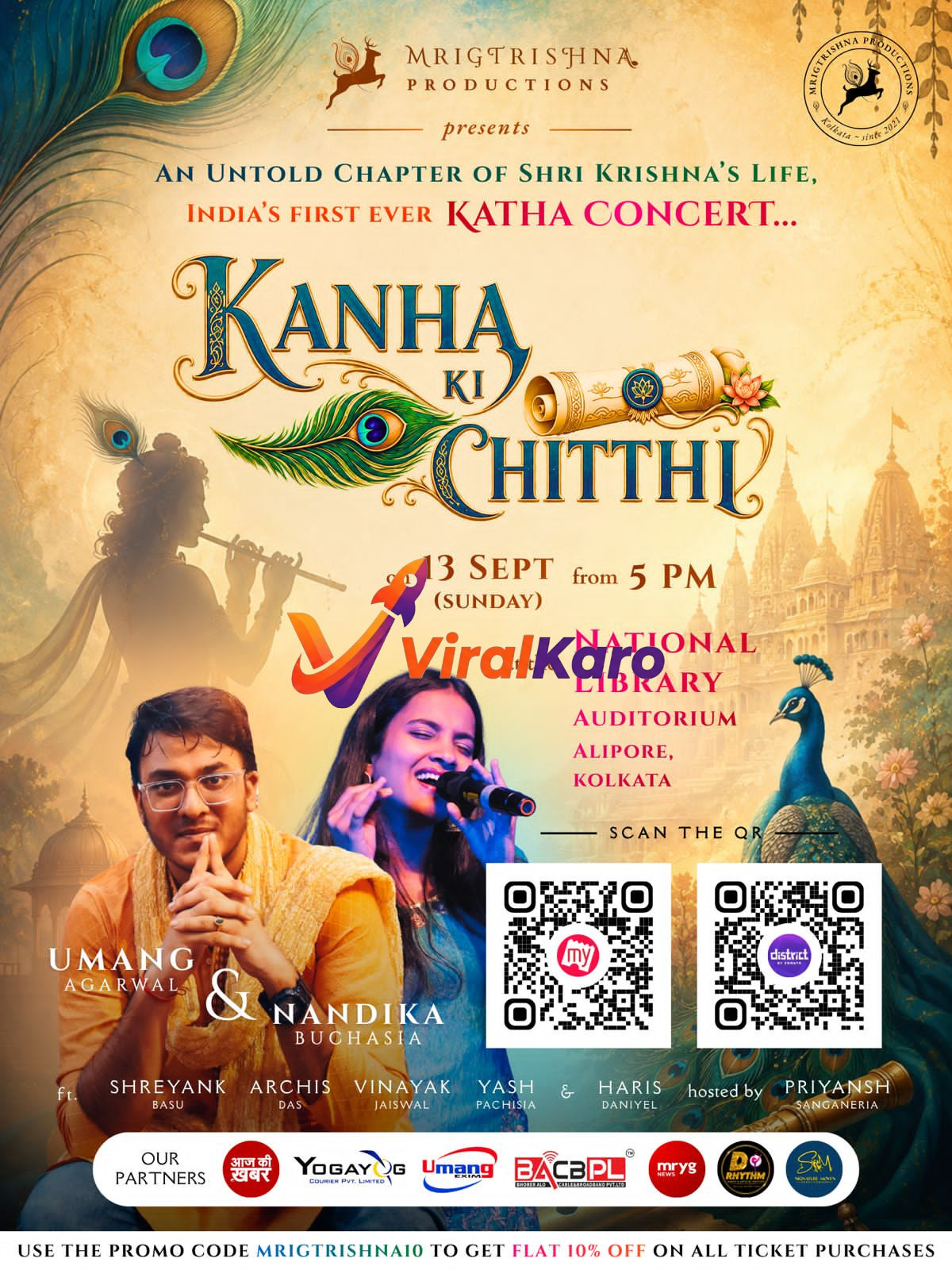 Event poster for Kanha Ki Chitthi, a Katha concert in Kolkata featuring Umang Agarwal and Nandika Buchasia at the National Library Auditorium.