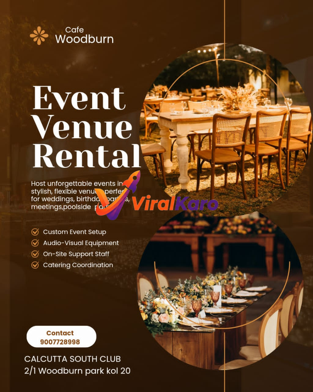 Elegant outdoor and indoor event table setups at Cafe Woodburn, located in the prestigious Calcutta South Club, Kolkata, featuring sophisticated decor and catering arrangements.