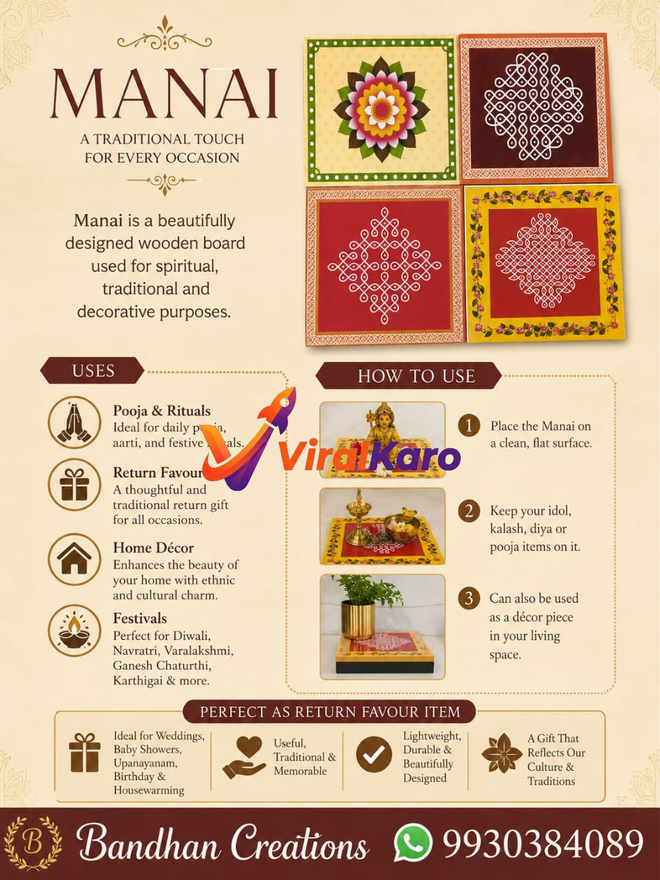 An infographic by Bandhan Creations showcasing 'Manai' wooden boards, explaining their uses in pooja rituals, festivals, home decor, and as return gifts, with steps on how to use them.