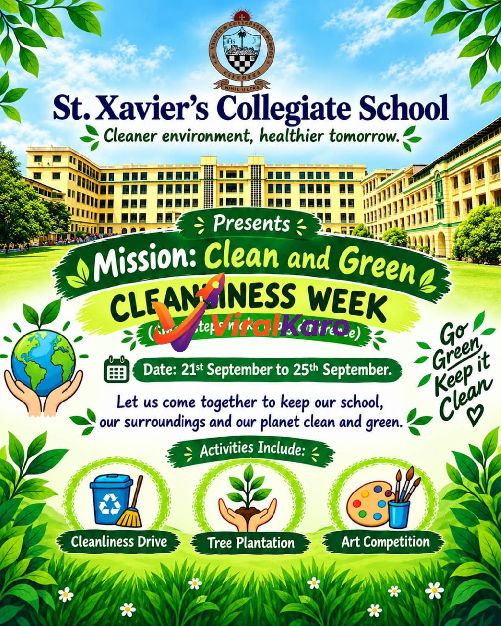 A green-themed poster for St. Xavier's Collegiate School, Kolkata, promoting Mission: Clean and Green Cleanliness Week from September 21st to 25th, featuring icons for a cleanliness drive, tree planting, and art.
