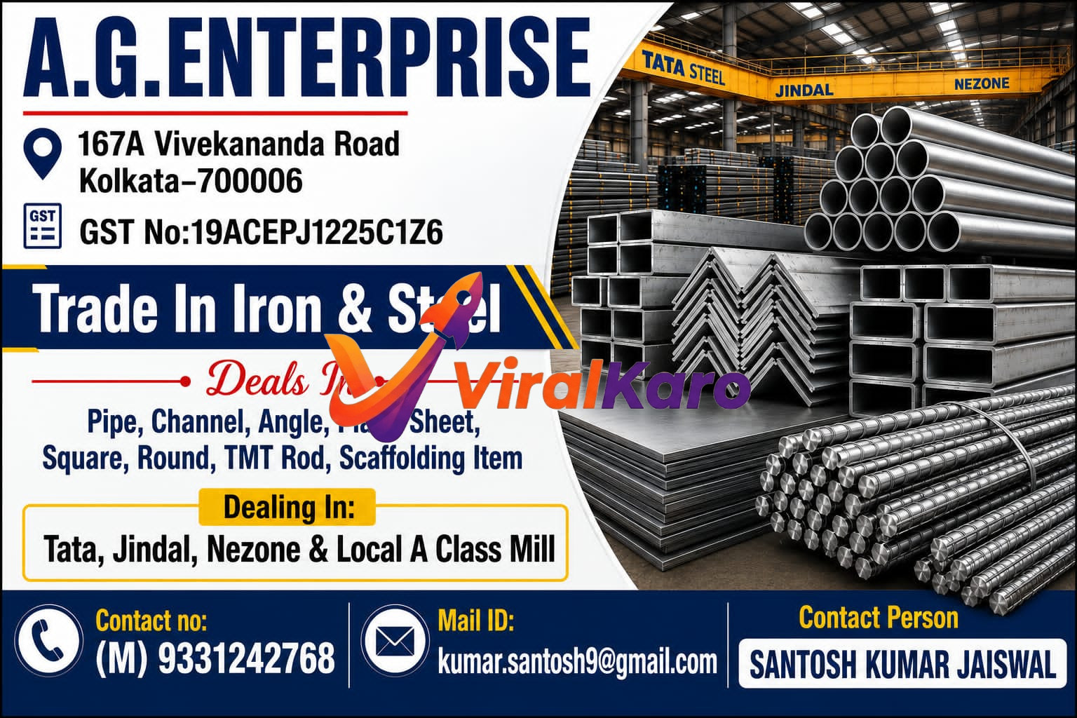 A.G. Enterprise steel stock including pipes, angles, and TMT rods for construction supply in Kolkata.