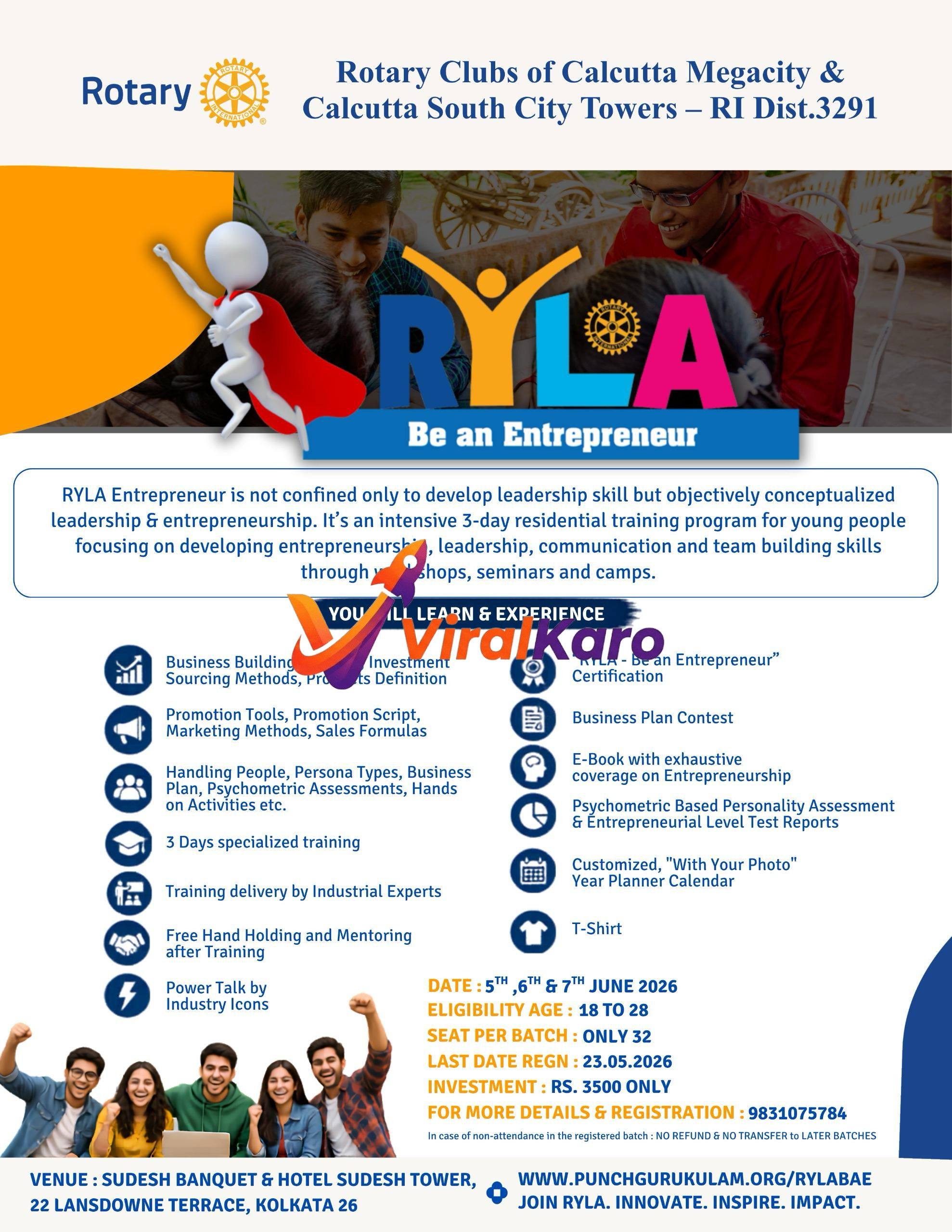 Flyer for RYLA Be an Entrepreneur training program by Rotary Clubs of Calcutta featuring details on the 3-day workshop, curriculum, and registration information.