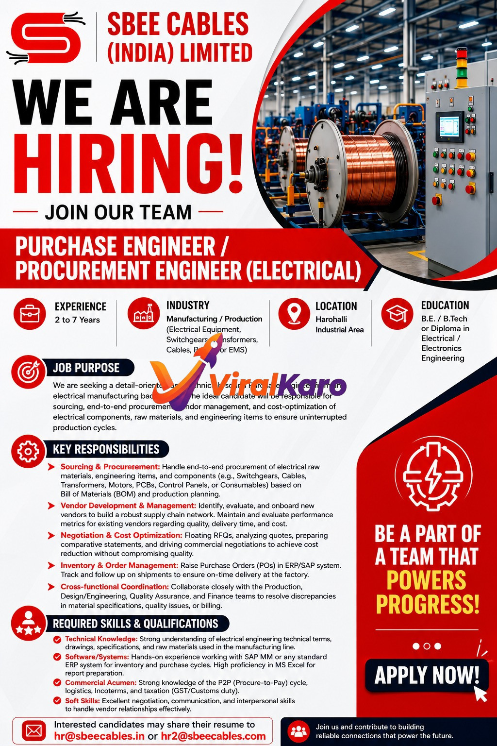Job advertisement for Purchase Engineer position at SBEE Cables India Limited, featuring requirements for electrical procurement and manufacturing industry experience.
