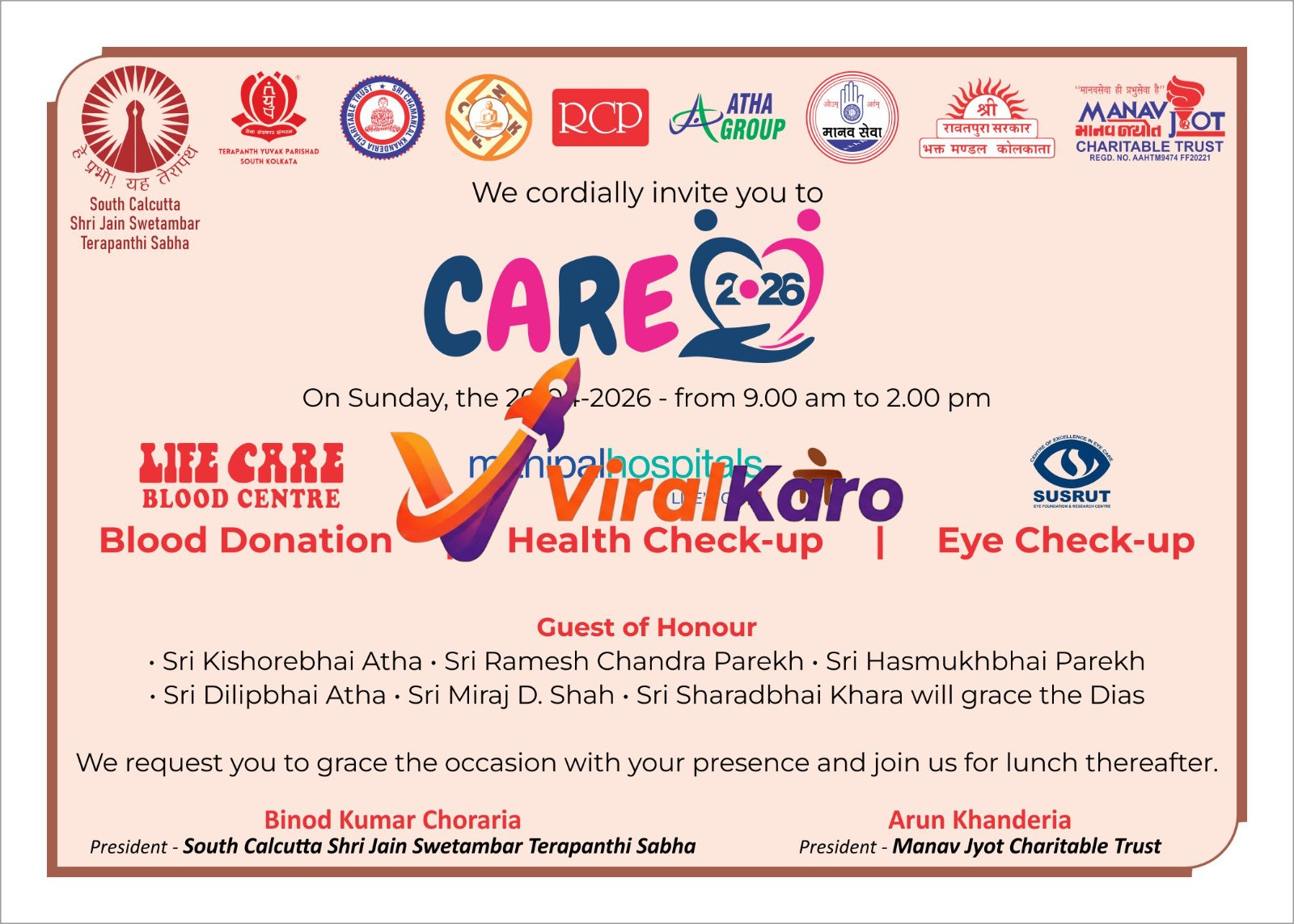CARE 2026 health camp banner in Kolkata featuring logos of partner organizations, event details for blood donation, and health check-up services.