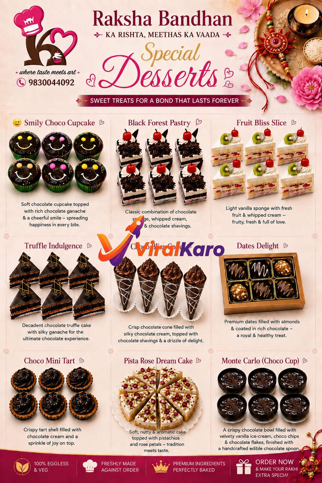 A menu board showcasing various gourmet eggless desserts for Raksha Bandhan, including cupcakes, pastries, chocolate cones, and date delicacies with contact information.