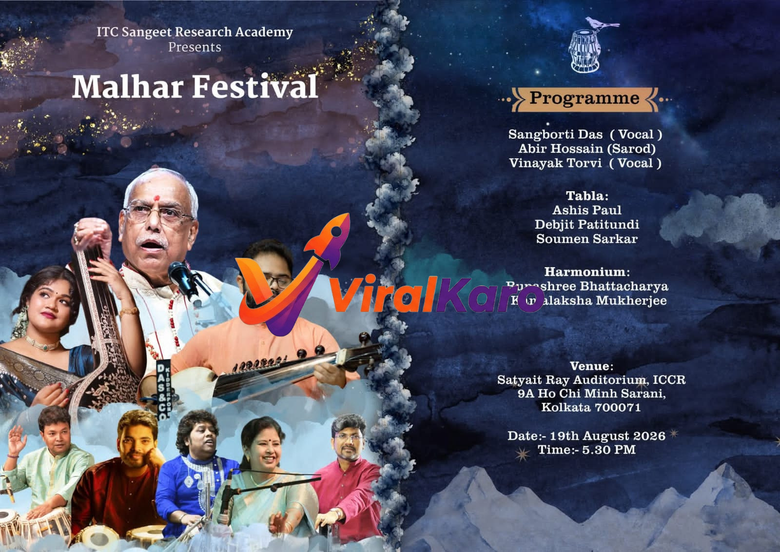 Event poster for the Malhar Festival at Satyajit Ray Auditorium featuring classical musicians and event program details.