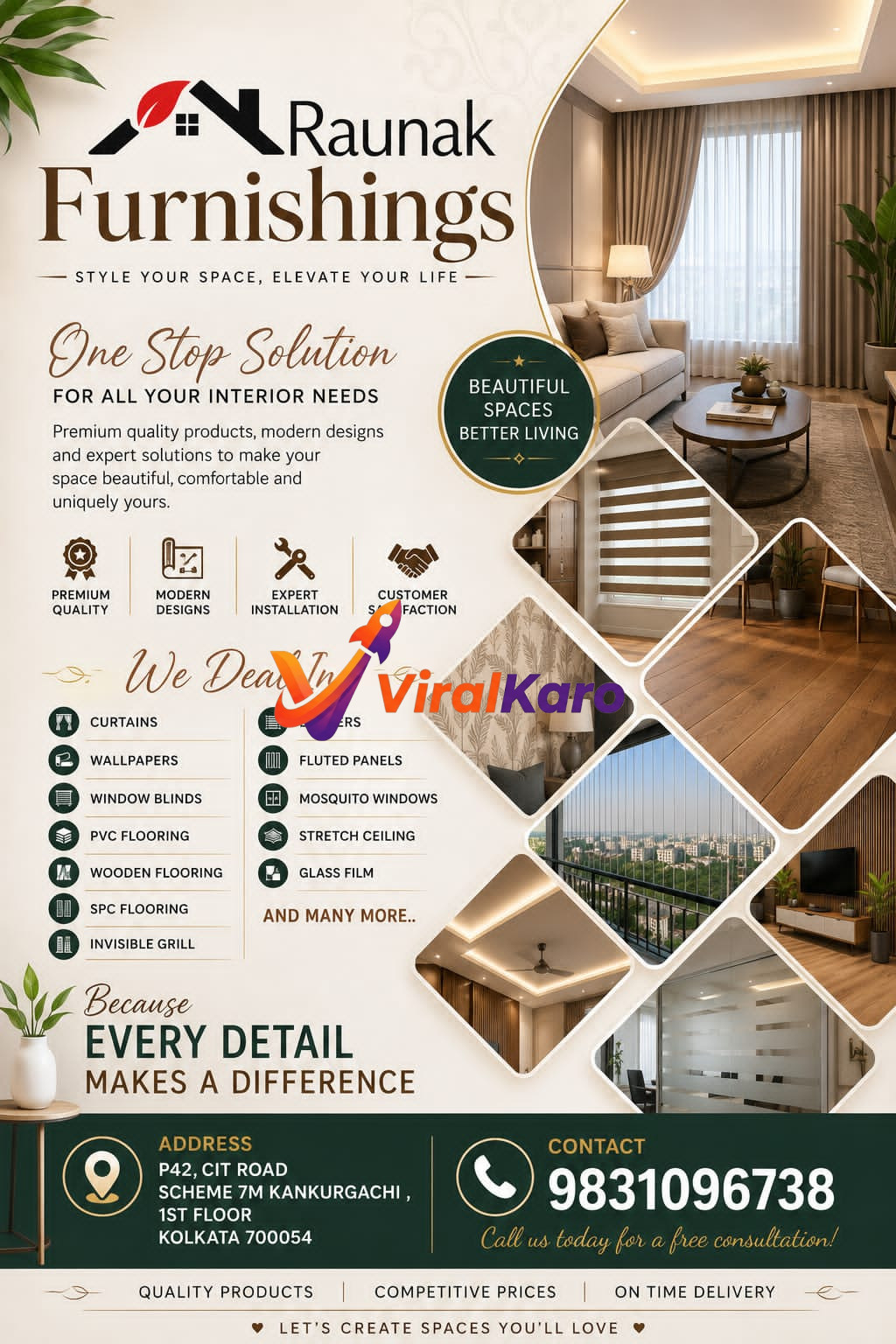 Interior design services by Raunak Furnishings in Kankurgachi Kolkata featuring curtains wallpapers and flooring options.